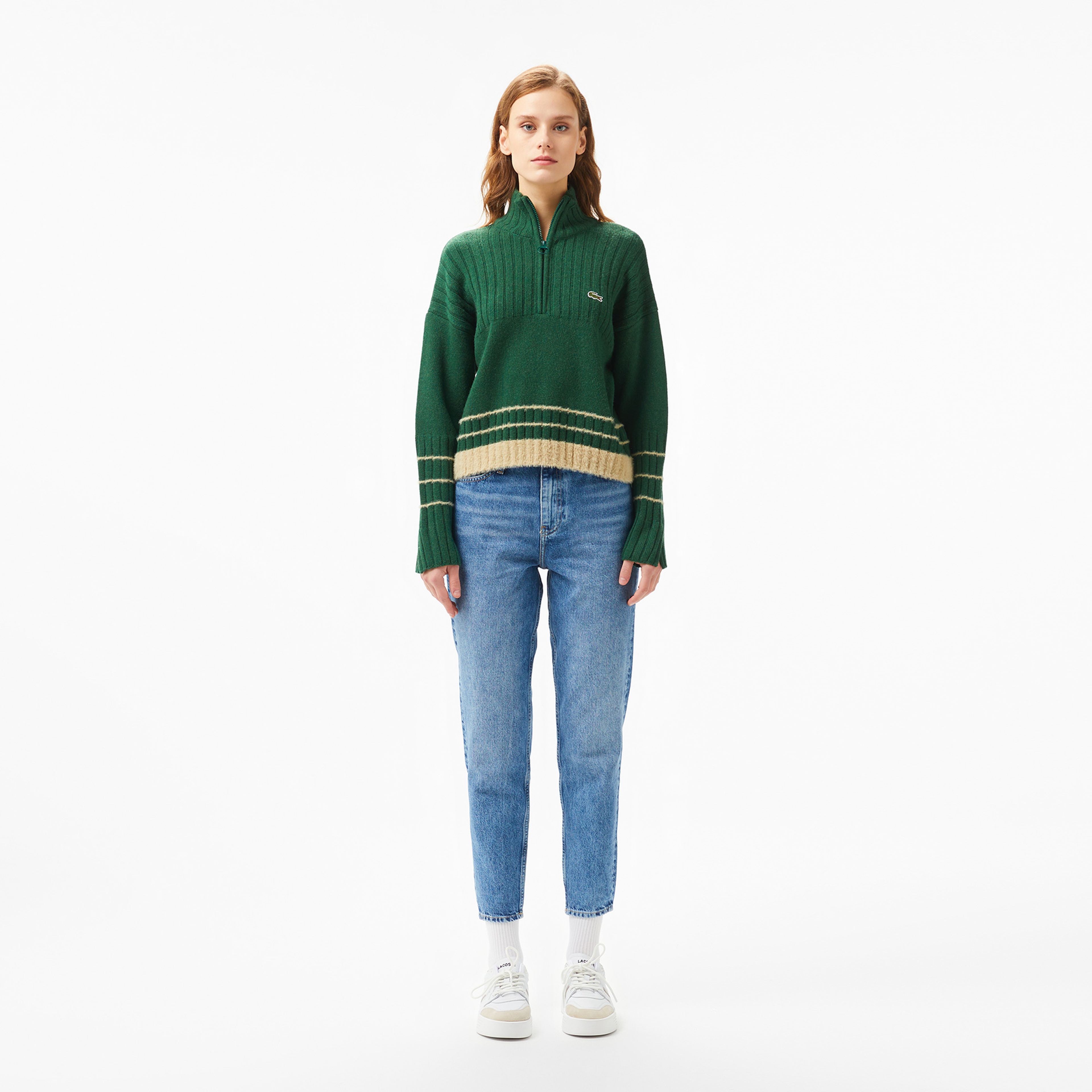 Lacoste Kadın Regular Fit Yarım Fermuarlı Renk Bloklu Yeşil