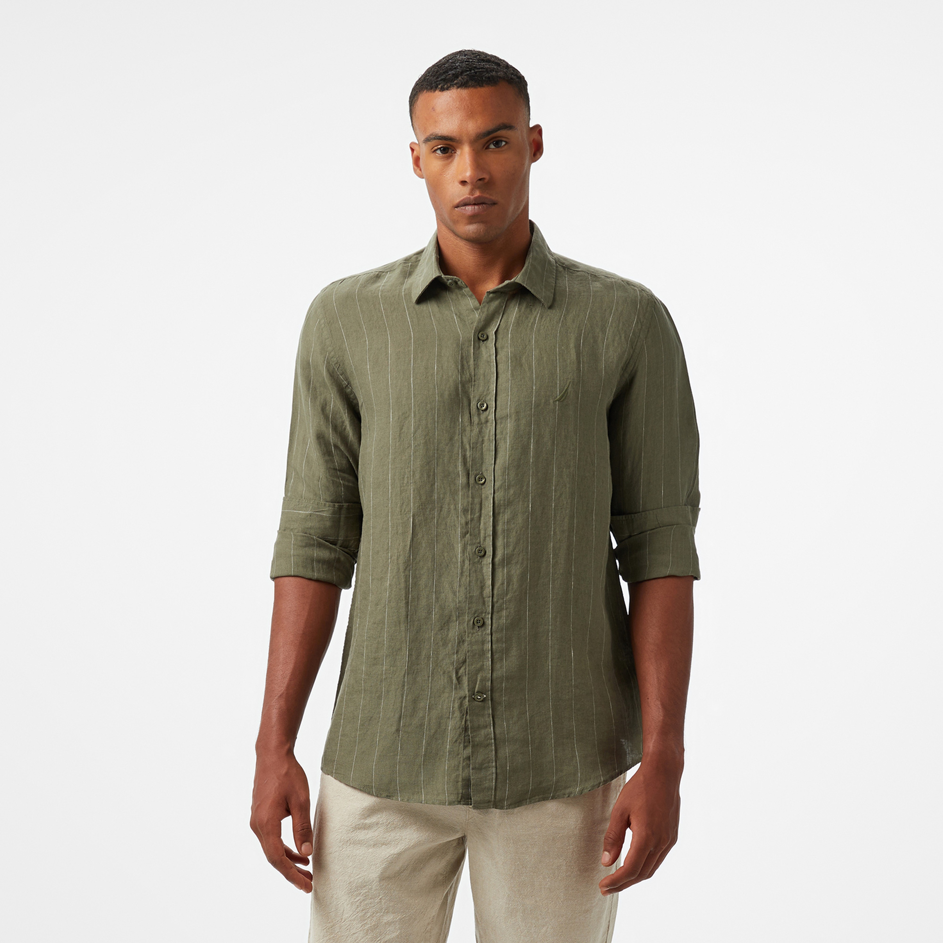 Nautica Erkek Yeşil Classic Fit Çizgili Gömlek