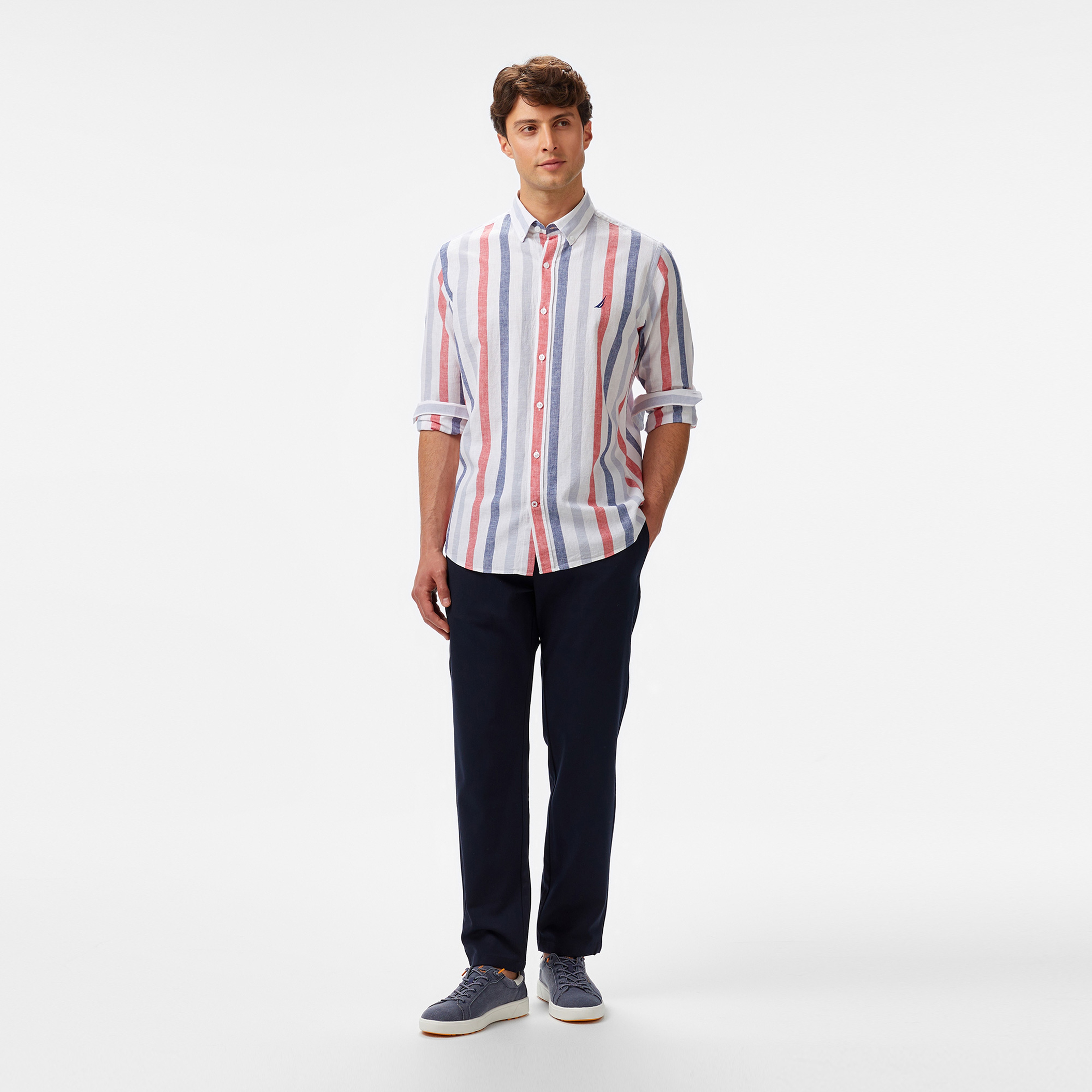 Nautica Erkek Kırmızı Classic Fit Çizgili Gömlek