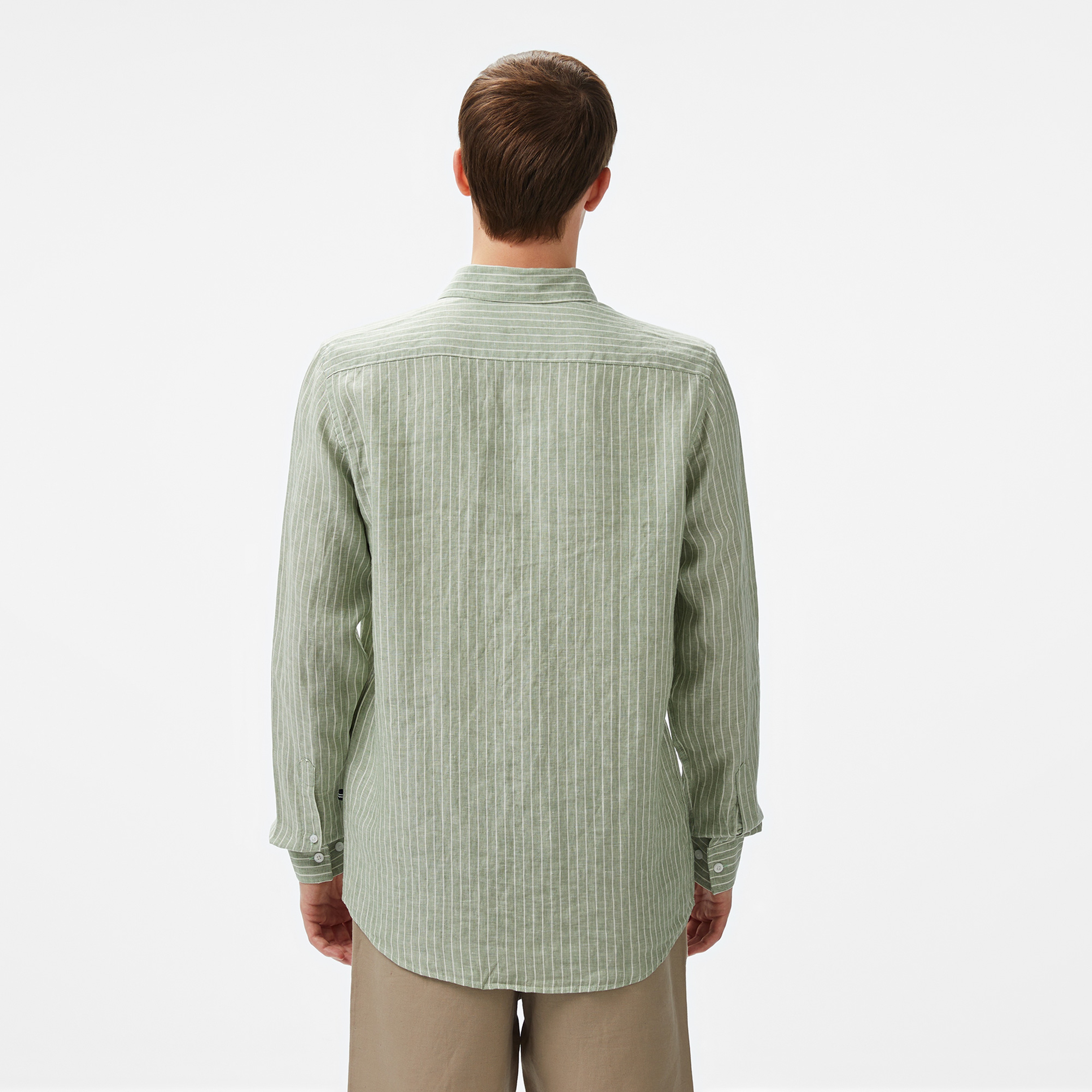 Nautica Erkek Yeşil Classic Fit Çizgili Keten Gömlek