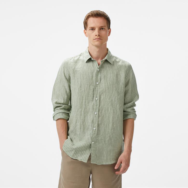 Nautica Erkek Yeşil Classic Fit Çizgili Keten Gömlek