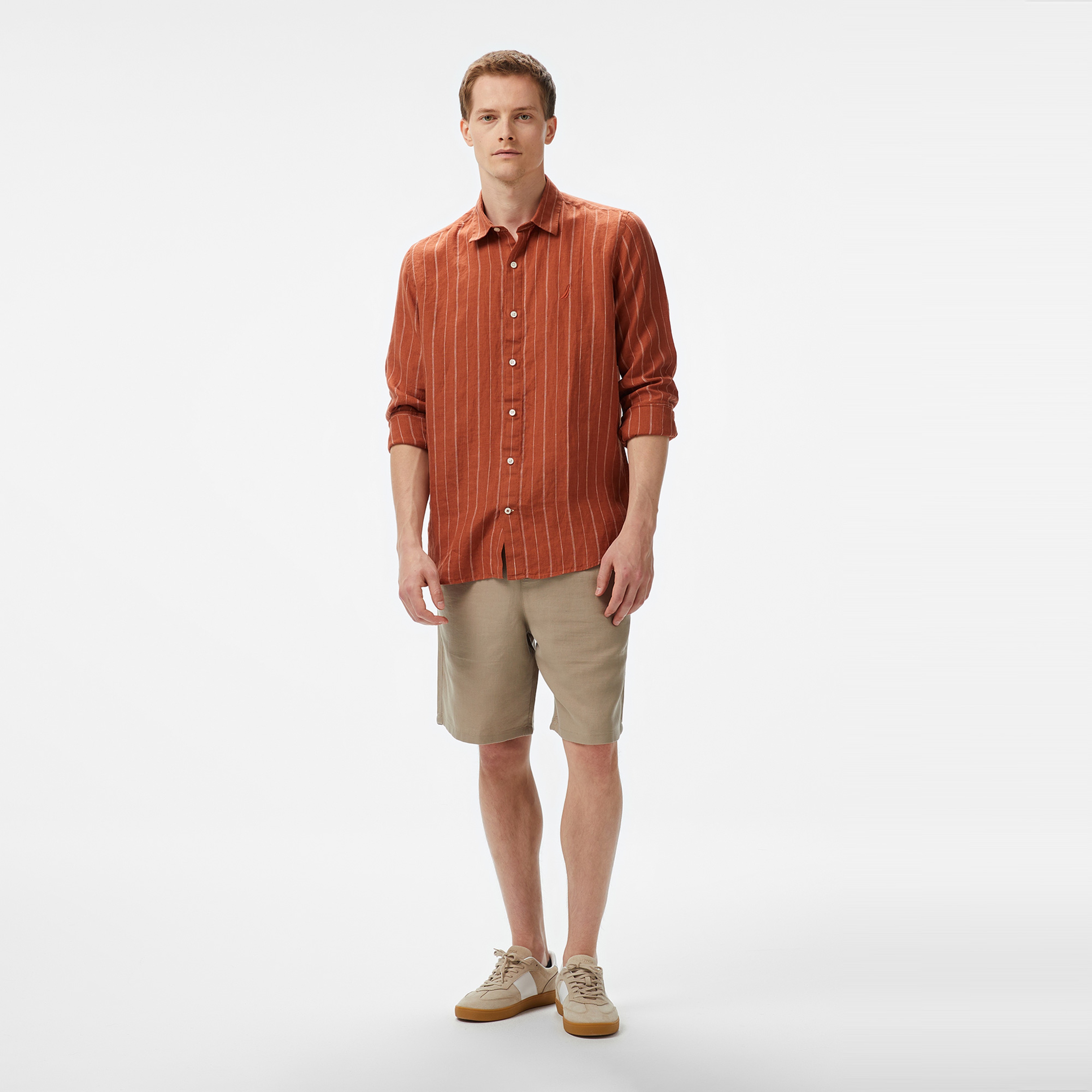 Nautica Erkek Kırmızı Classic Fit Çizgili Keten Gömlek