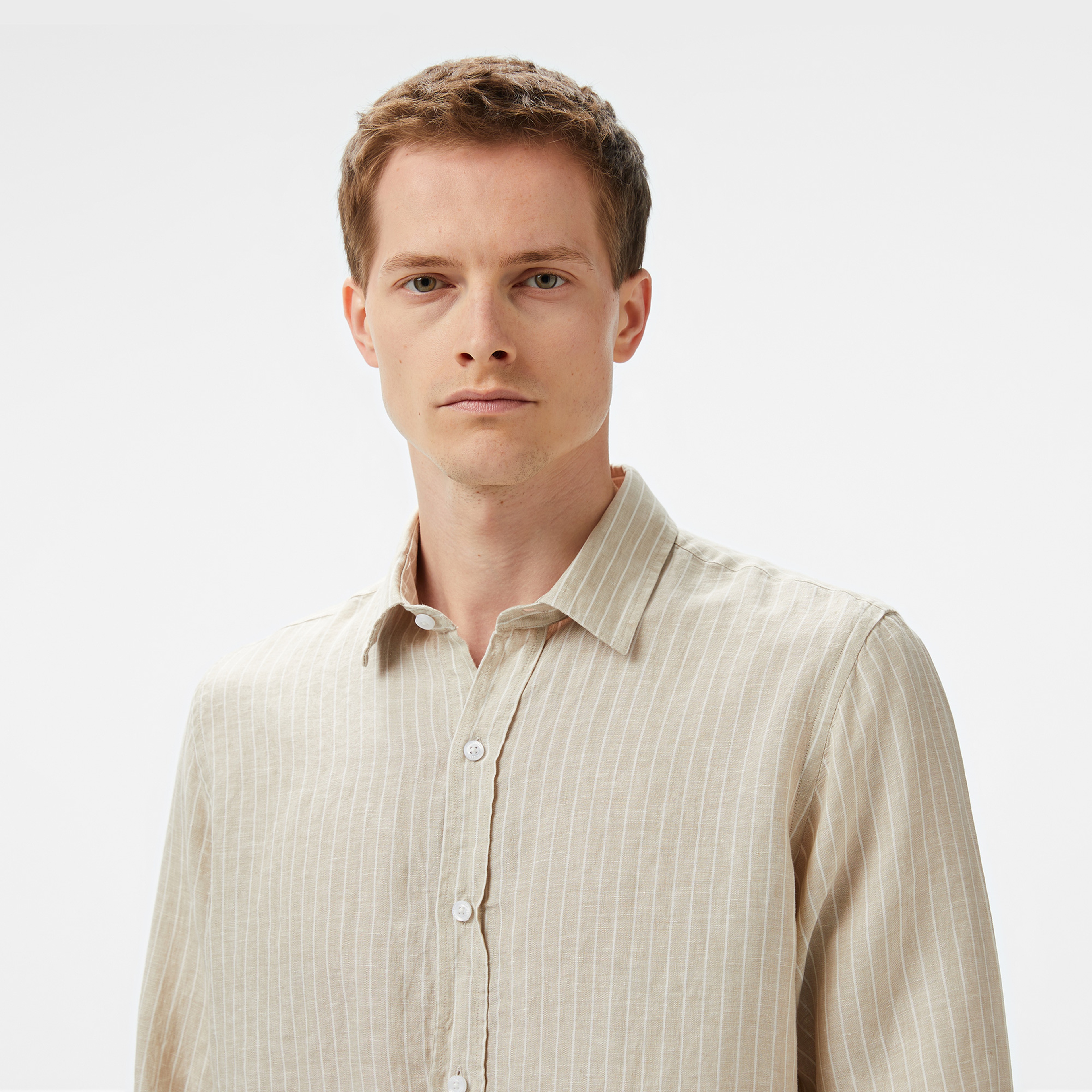 Nautica Erkek Bej Classic Fit Çizgili Keten Gömlek