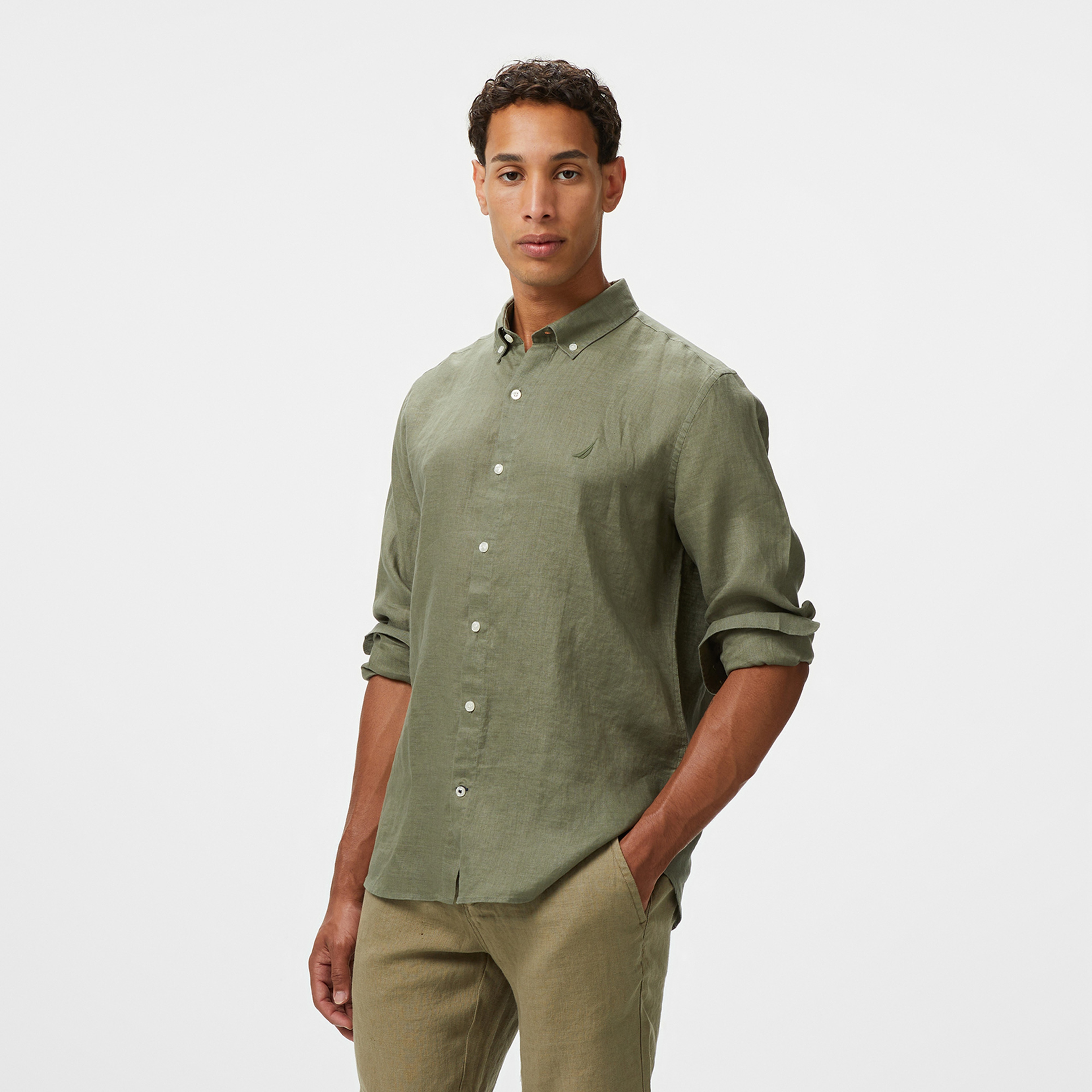 Nautica Erkek Yeşil Classic Fit Keten Gömlek