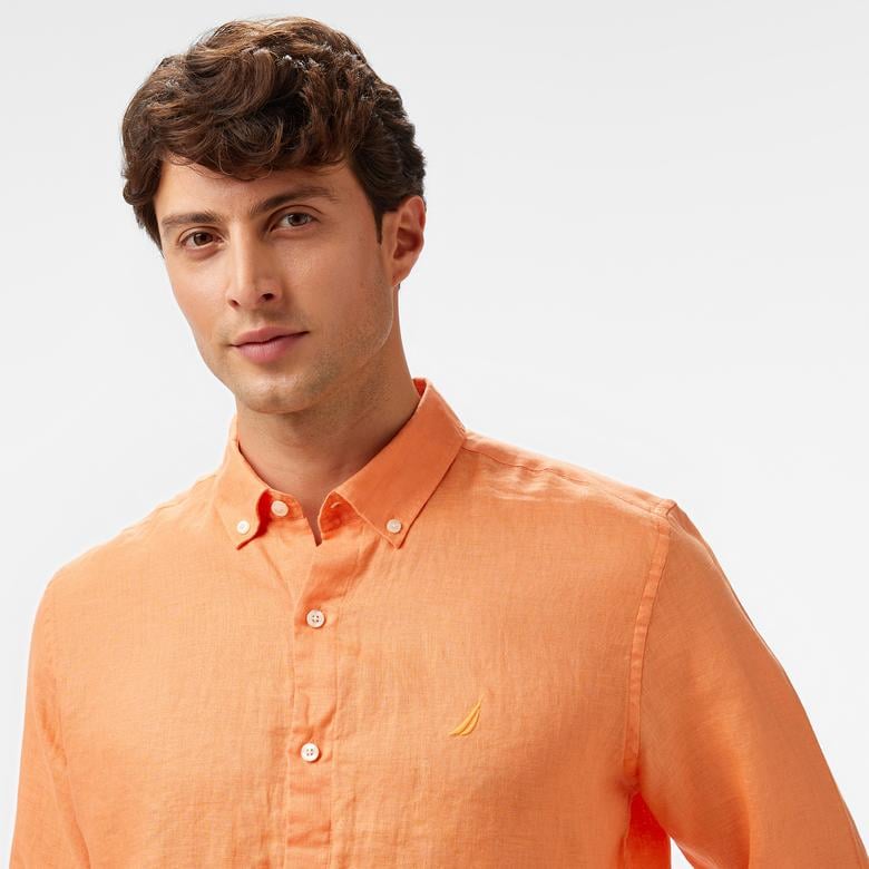 Nautica Erkek Turuncu Classic Fit Keten Gömlek