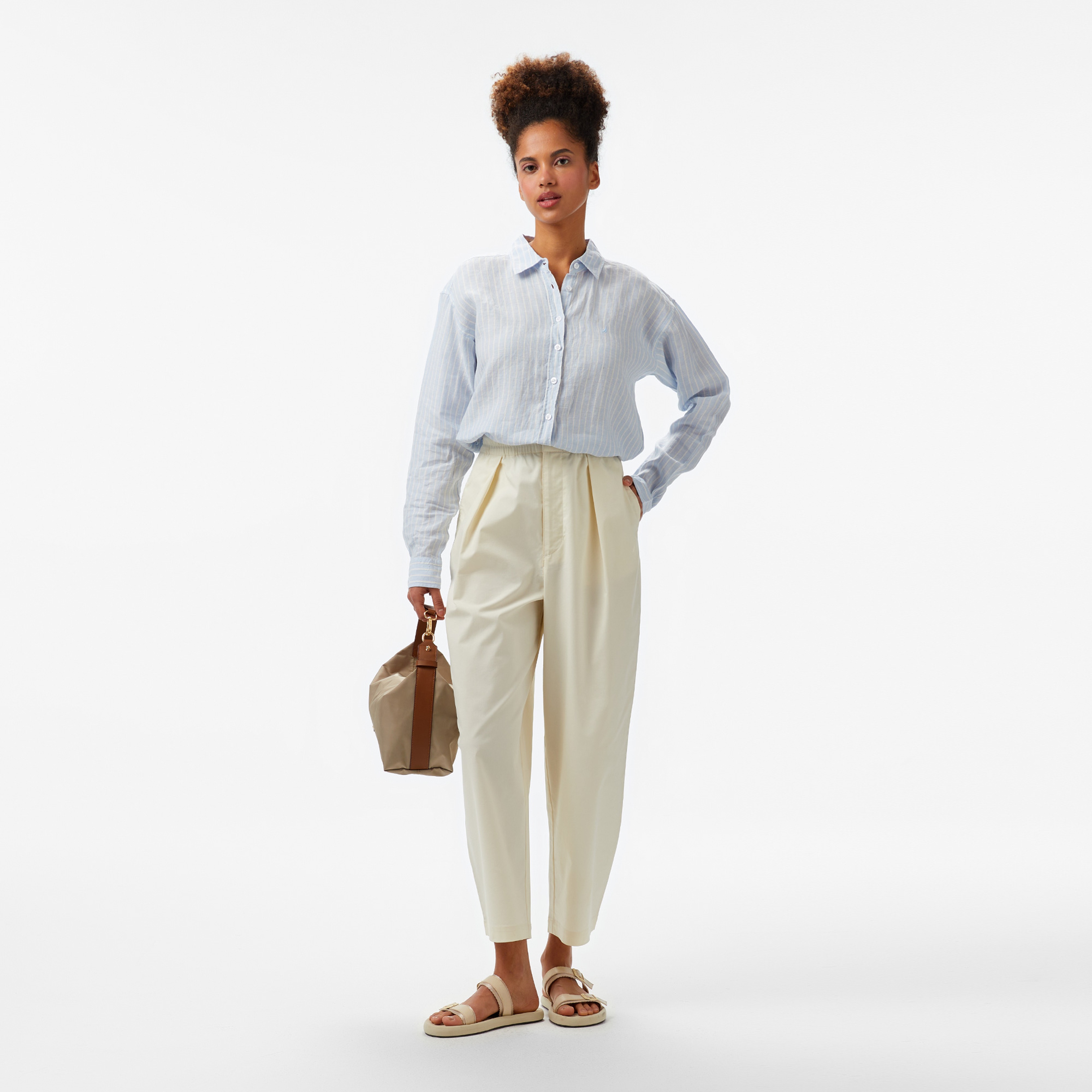 Nautica Kadın Mavi Regular Fit Keten Çizgili Gömlek