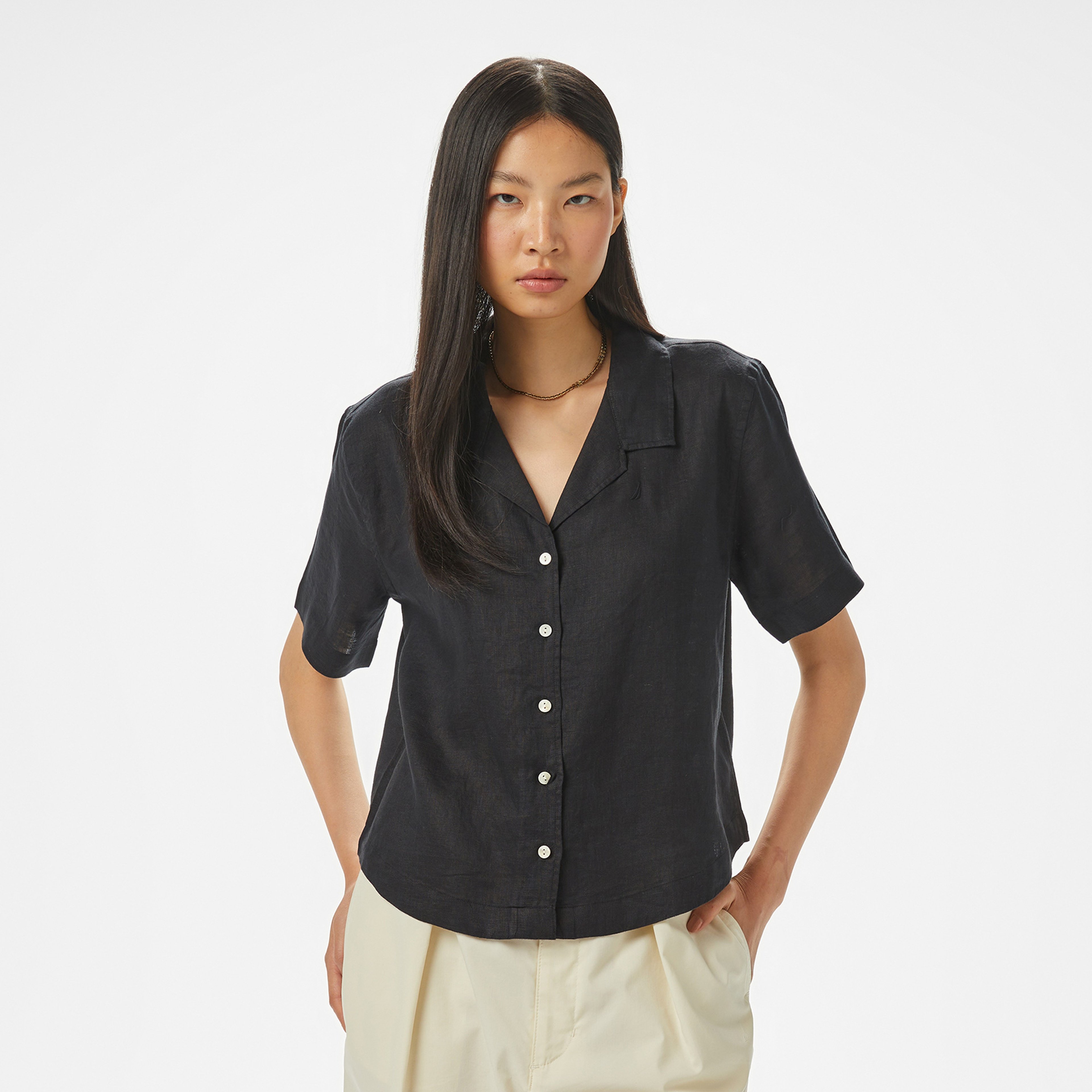 Nautica Kadın Siyah Regular Fit Keten Gömlek