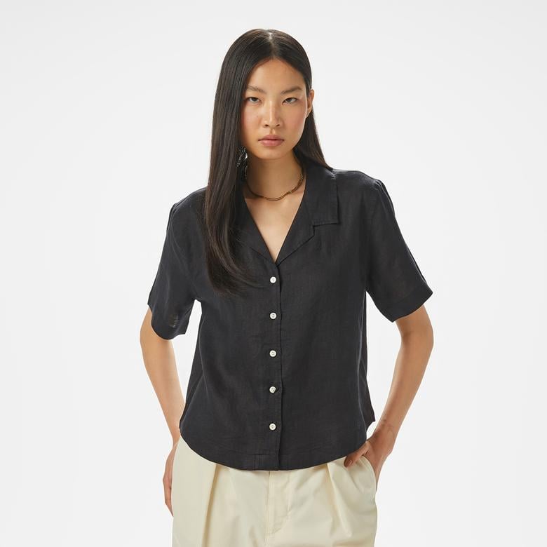 Nautica Kadın Siyah Regular Fit Keten Gömlek