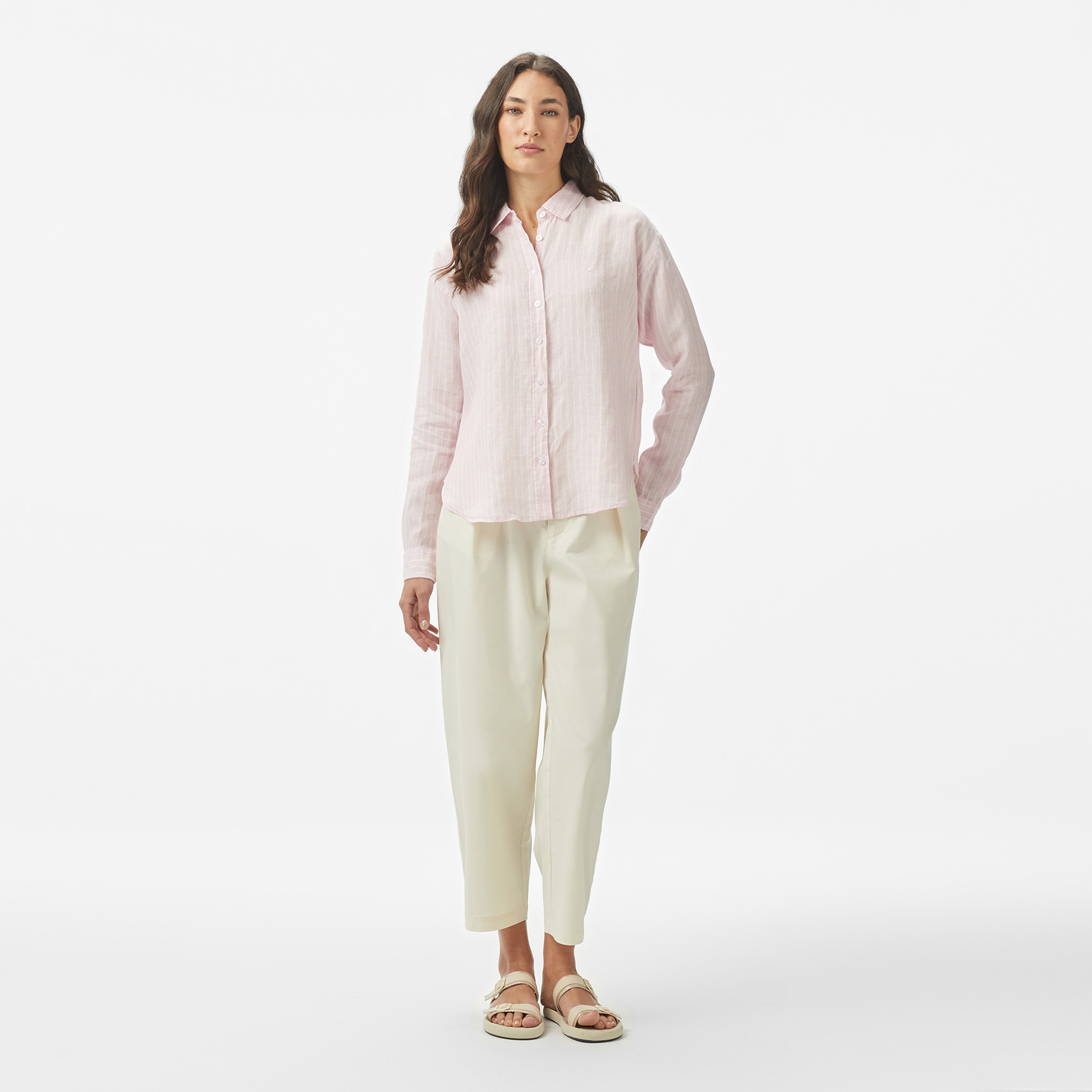 Nautica Kadın Pembe Regular Fit Keten Çizgili Gömlek