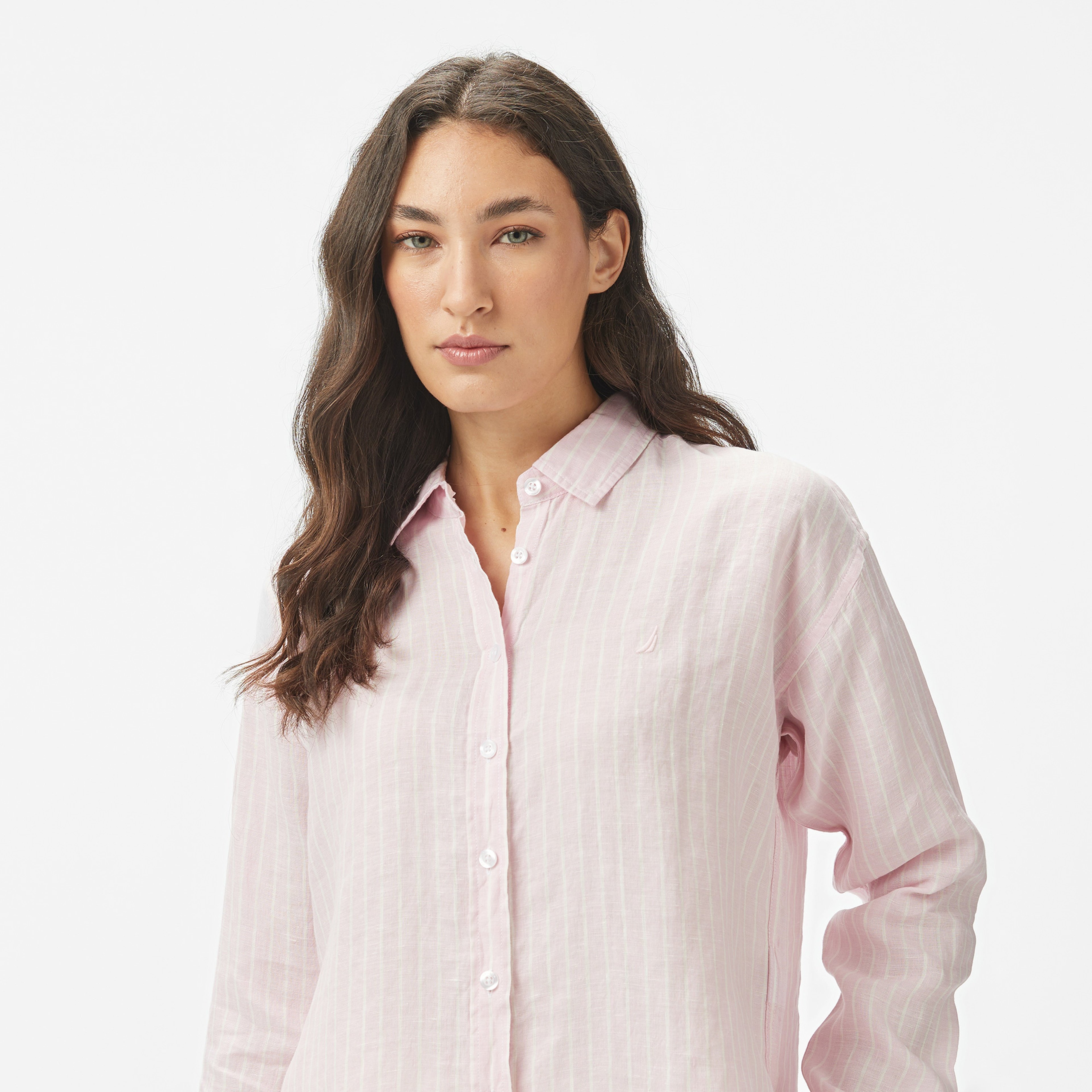 Nautica Kadın Pembe Regular Fit Keten Çizgili Gömlek