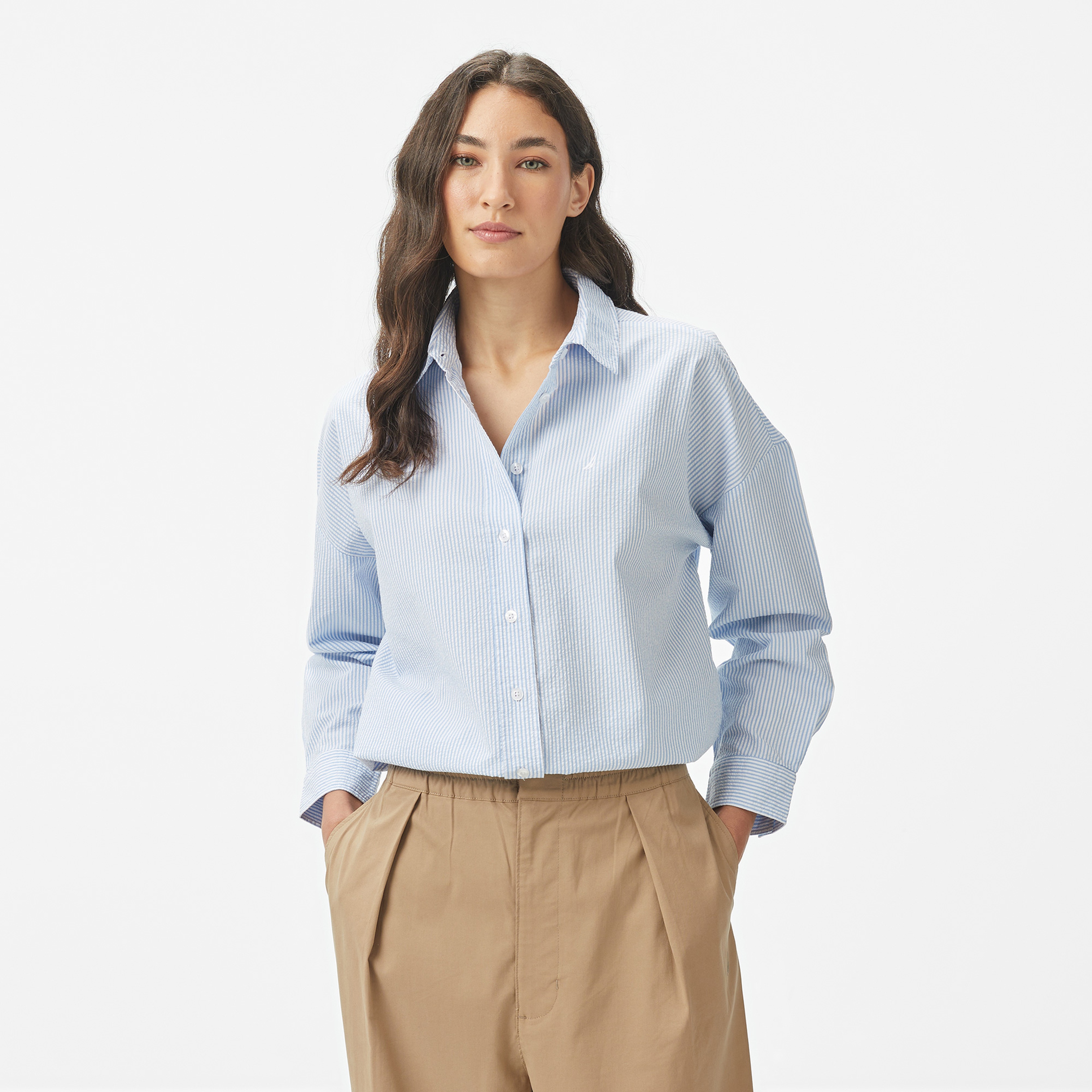 Nautica Kadın Mavi Regular Fit Çizgili Gömlek