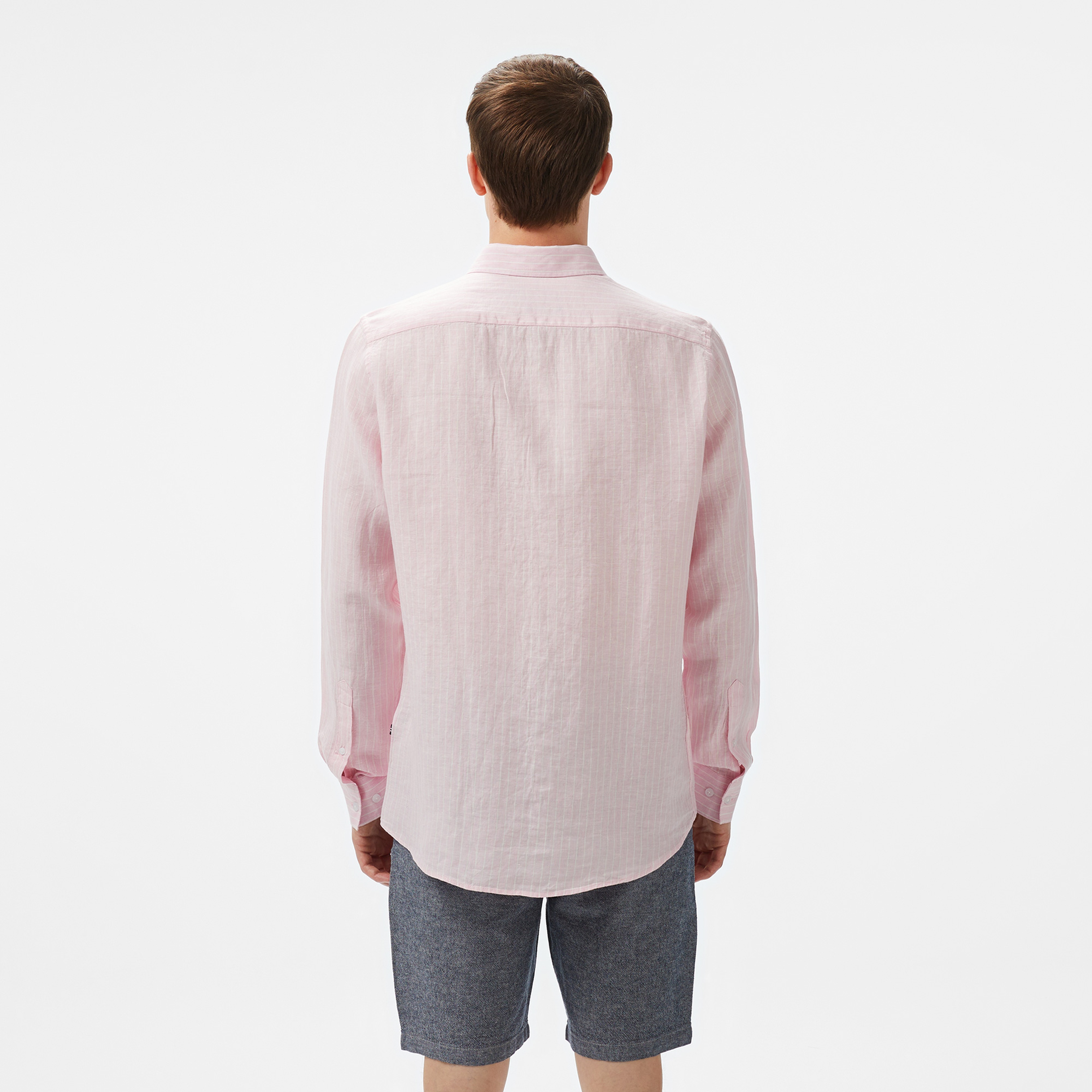 Nautica Erkek Pembe Classic Fit Çizgili Keten Gömlek
