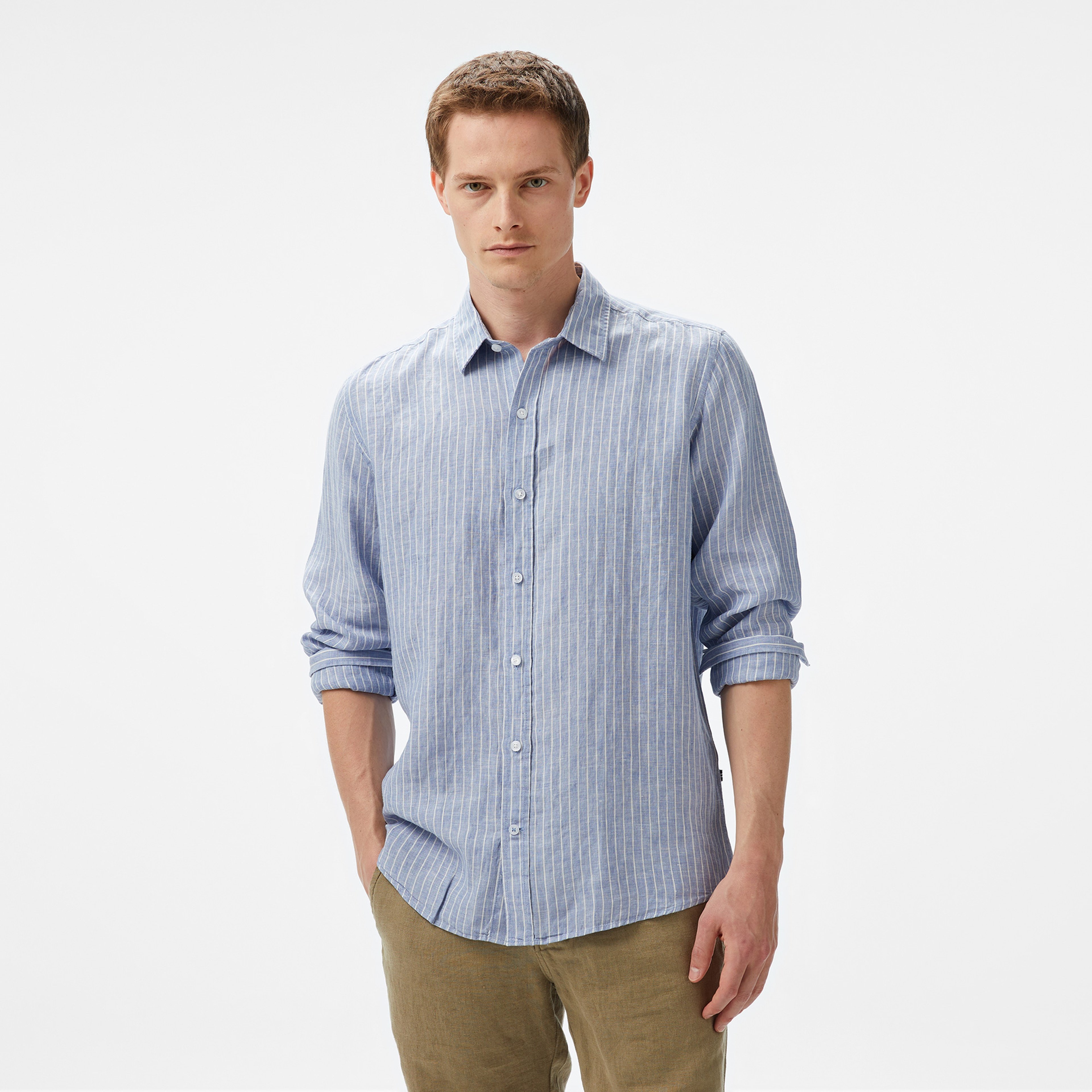 Nautica Erkek Mavi Classic Fit Çizgili Keten Gömlek