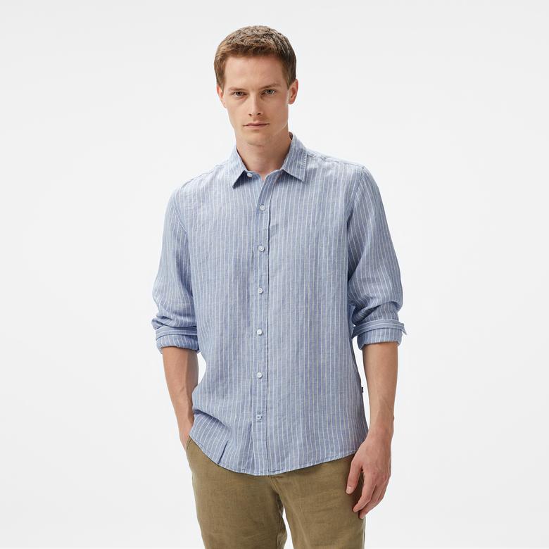 Nautica Erkek Mavi Classic Fit Çizgili Keten Gömlek