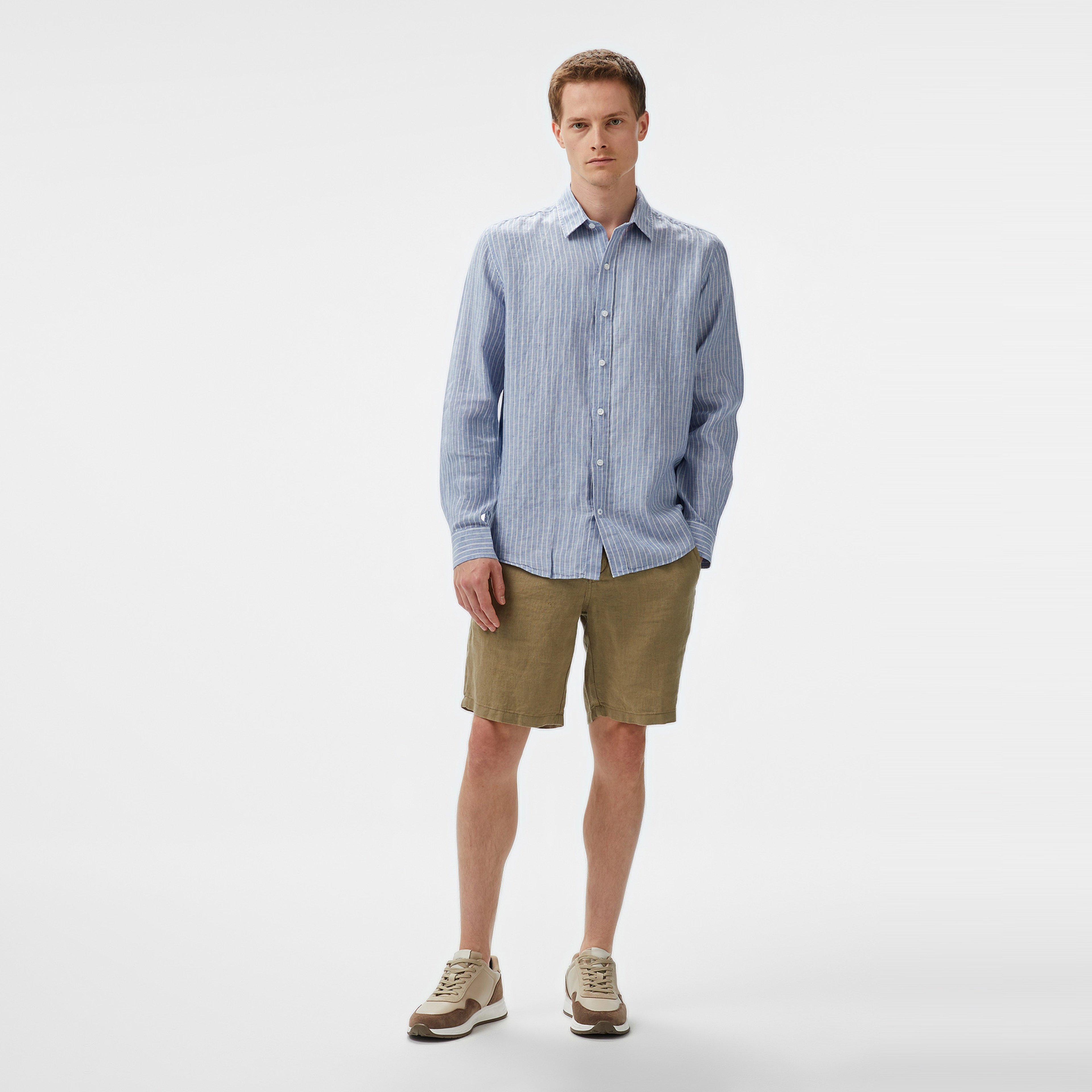 Nautica Erkek Mavi Classic Fit Çizgili Keten Gömlek