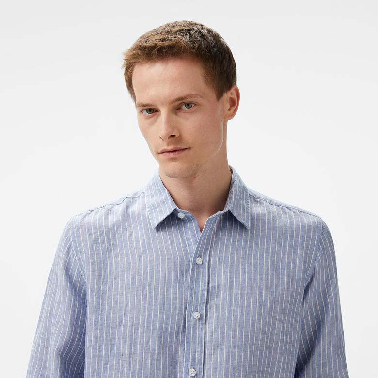 Nautica Erkek Mavi Classic Fit Çizgili Keten Gömlek