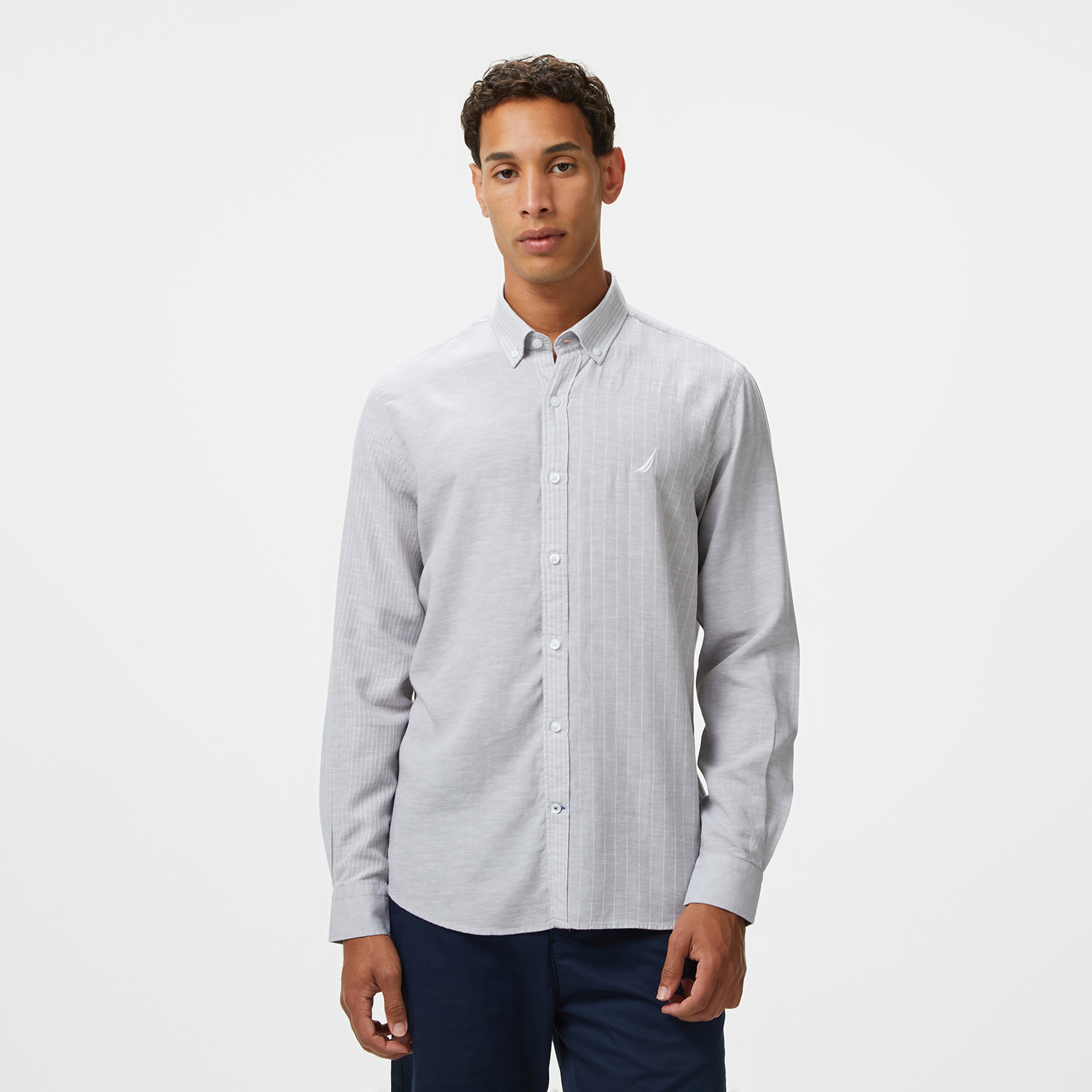 Nautica Erkek Gri Classic Fit Çizgili Gömlek
