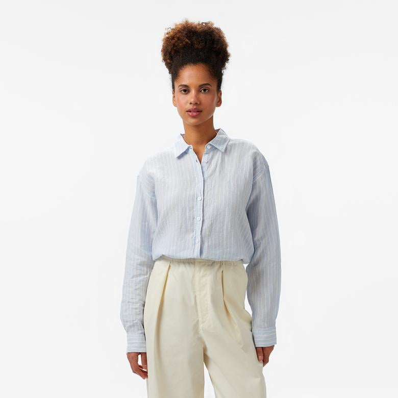 Nautica Kadın Mavi Regular Fit Keten Çizgili Gömlek