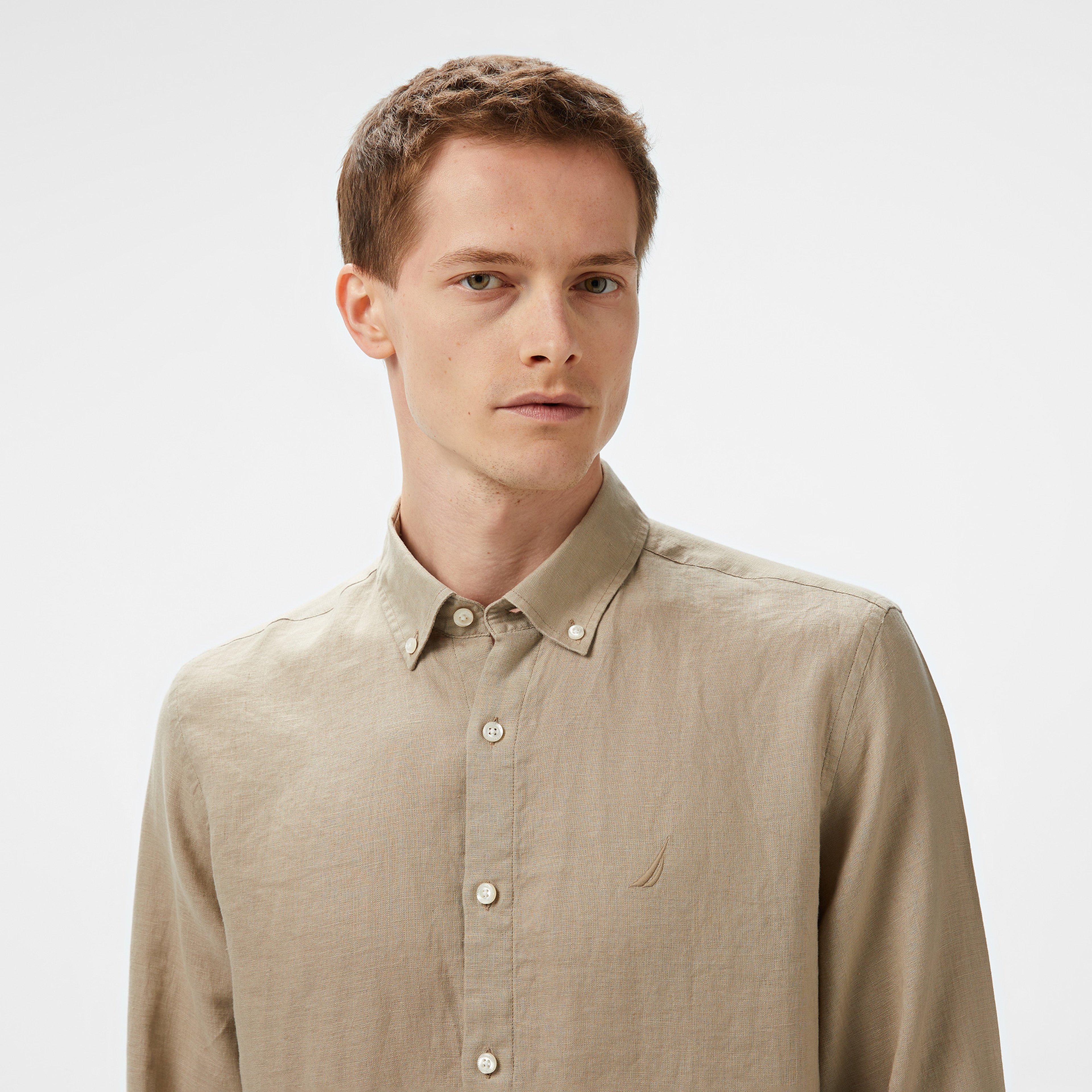 Nautica Erkek Bej Classic Fit Keten Gömlek