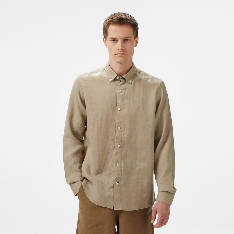 Nautica Erkek Bej Classic Fit Keten Gömlek