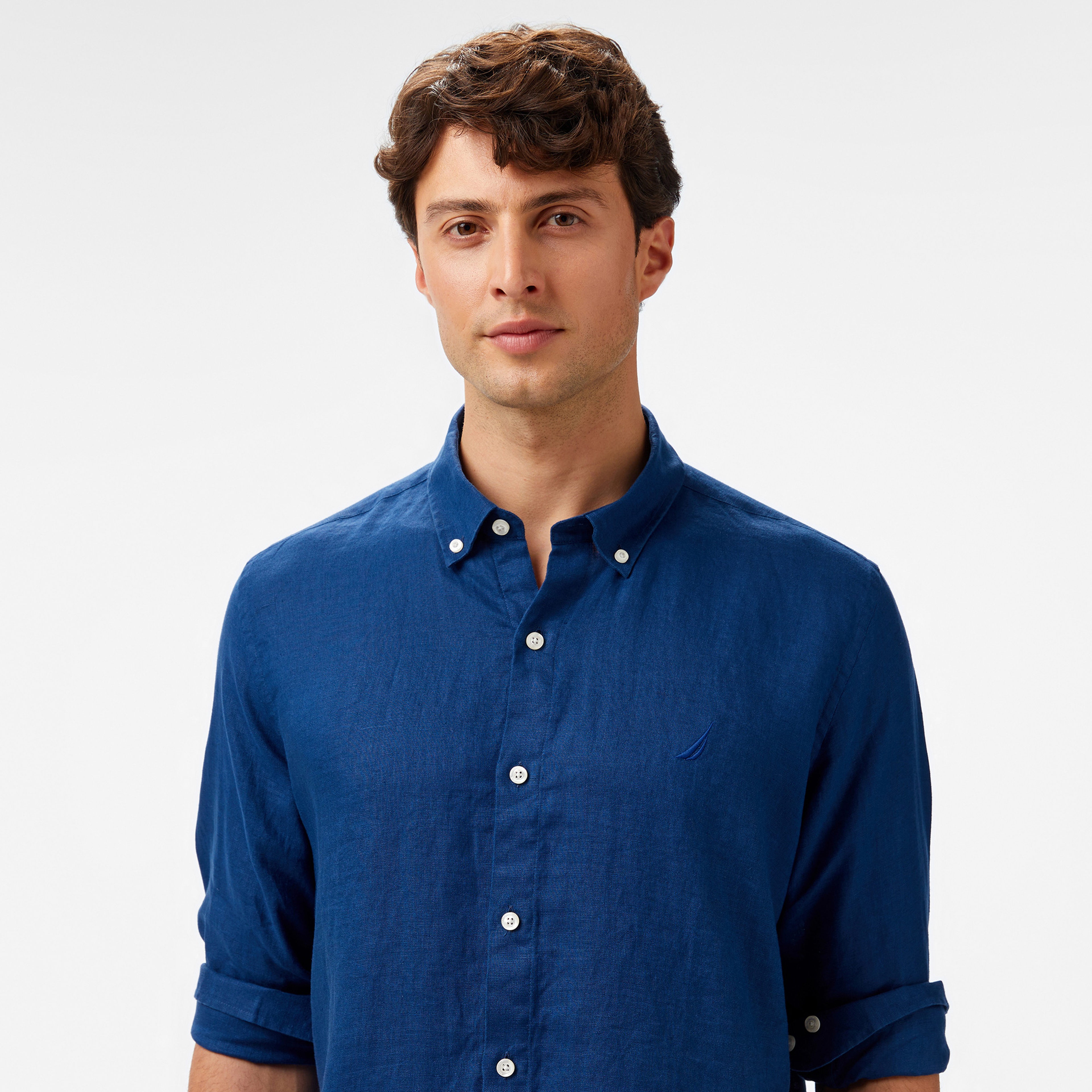 Nautica Erkek Mavi Classic Fit Keten Gömlek