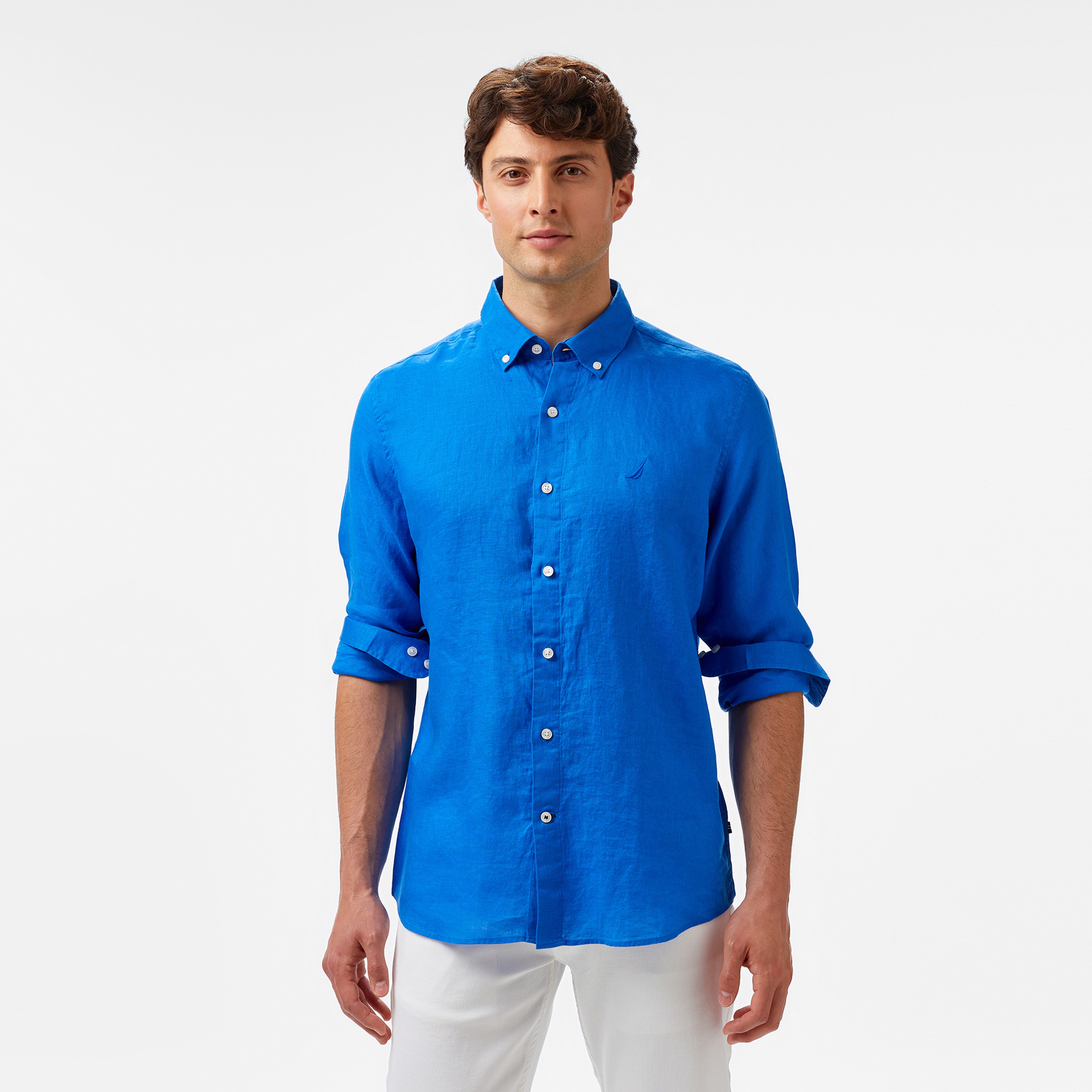 Nautica Erkek Mavi Classic Fit Keten Gömlek