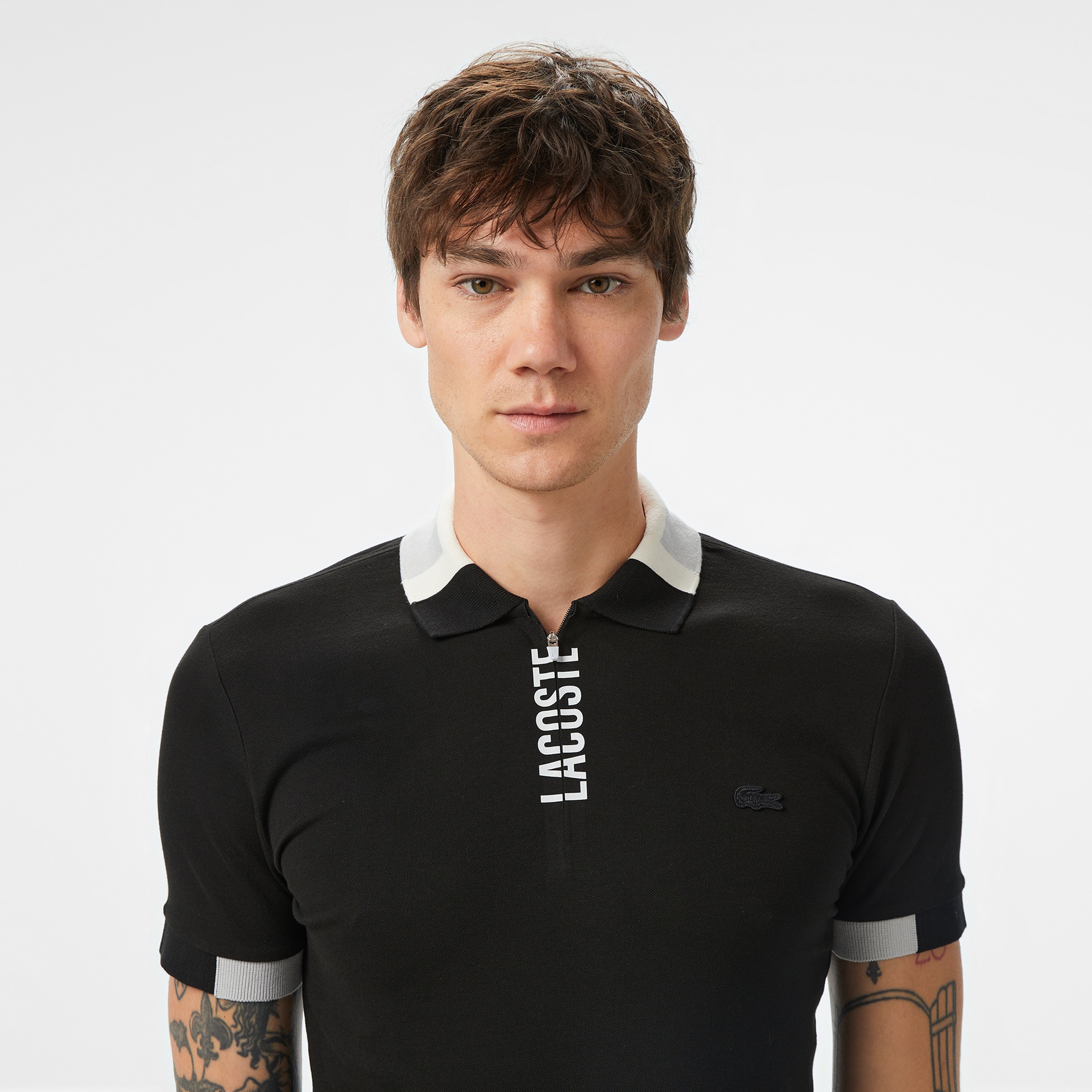 Erkek Regular Fit Yarım Fermuarlı Baskılı Siyah Polo