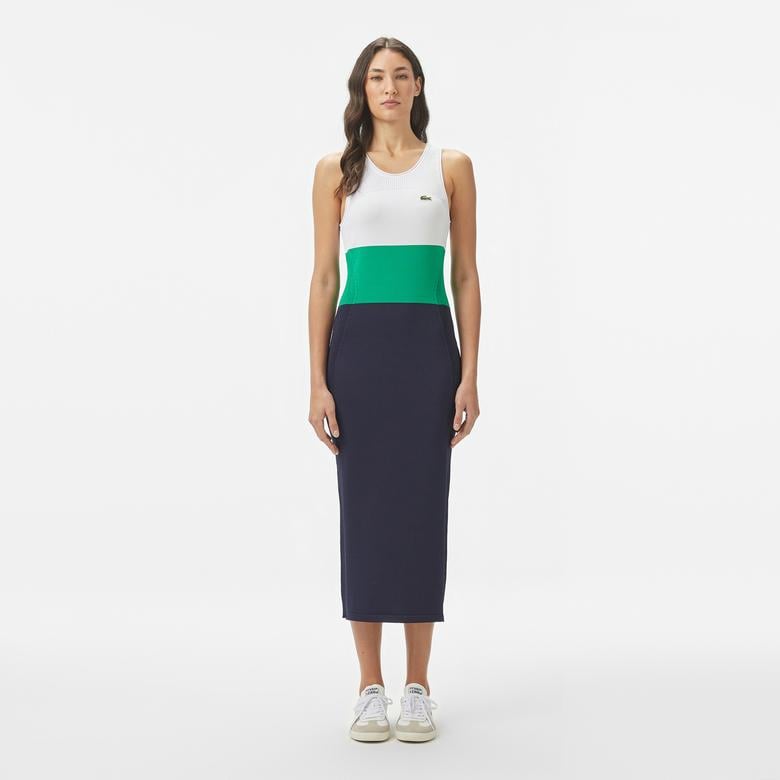 Kadın Slim Fit Kolsuz Bisiklet Yaka Renk Bloklu Lacivert Elbise