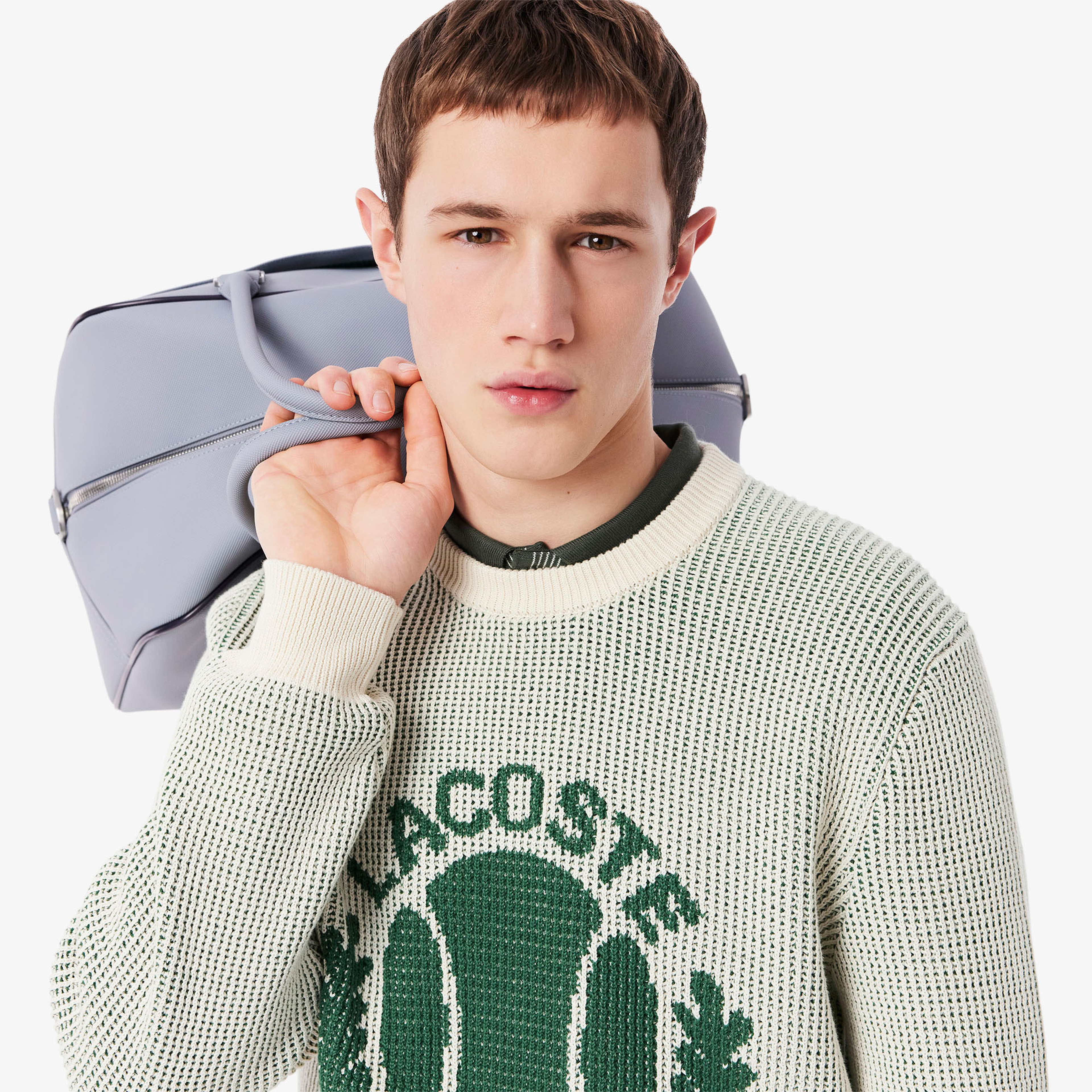 Erkek Classic Fit Bisiklet Yaka Desenli Krem Kazak