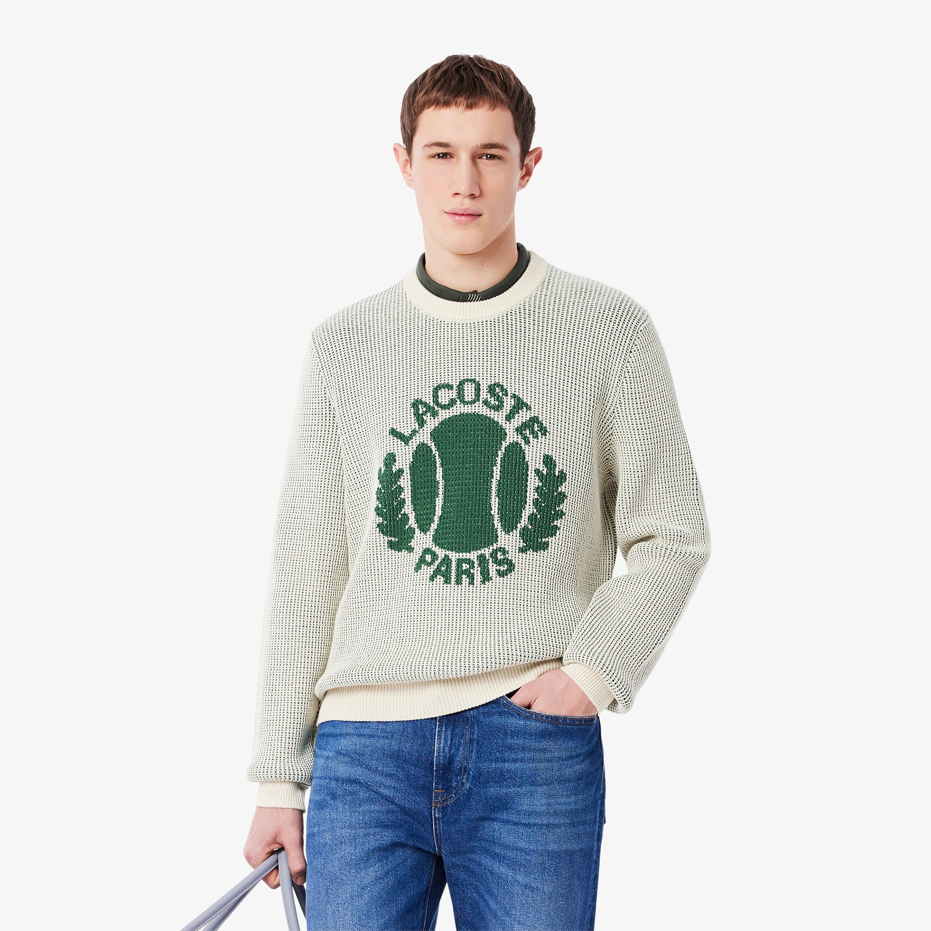 Erkek Classic Fit Bisiklet Yaka Desenli Krem Kazak