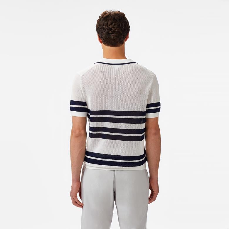 Erkek Classic Fit Kısa Kollu Polo Yaka Çizgili Beyaz Triko