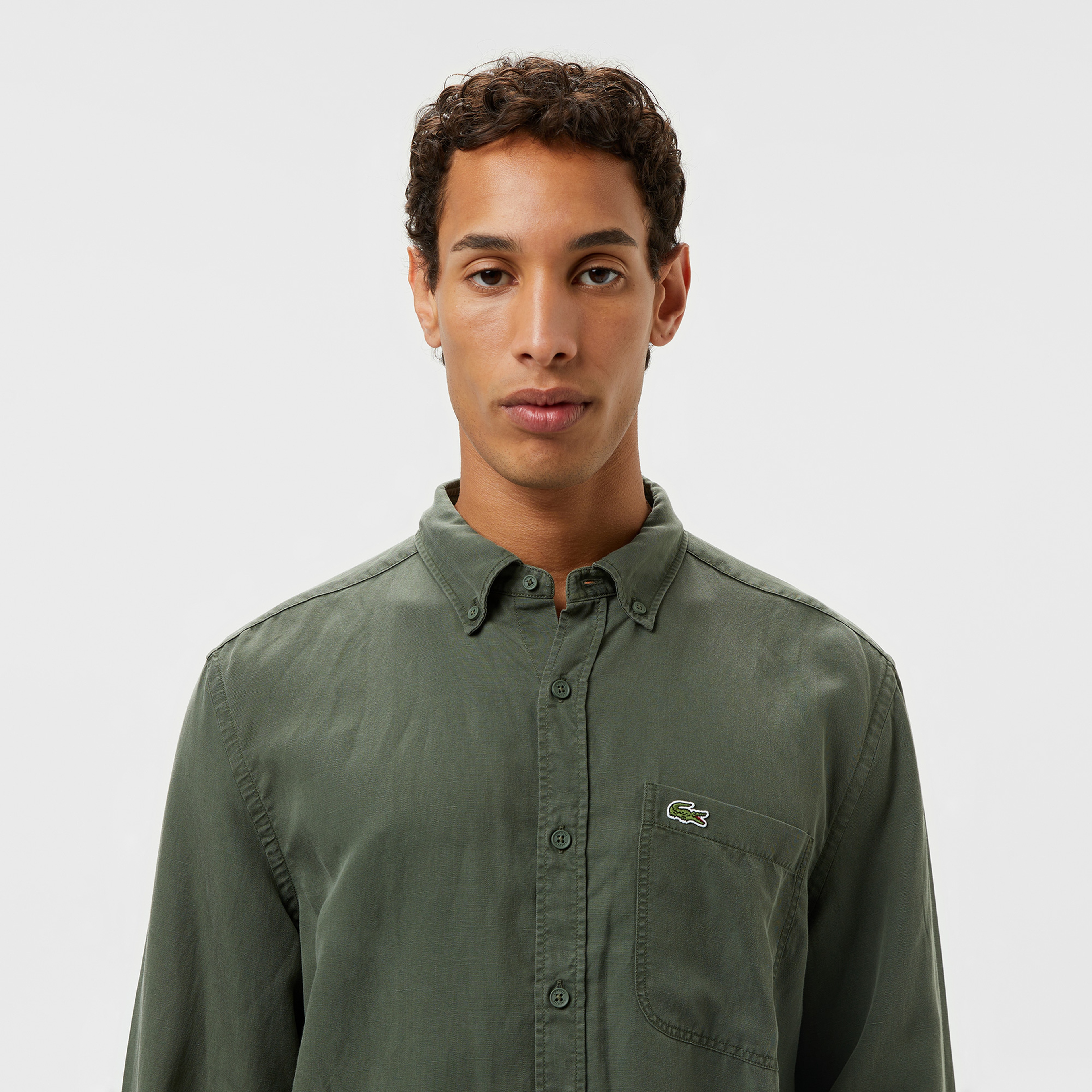 Erkek Slim Fit Düğmeli Yaka Haki Gömlek