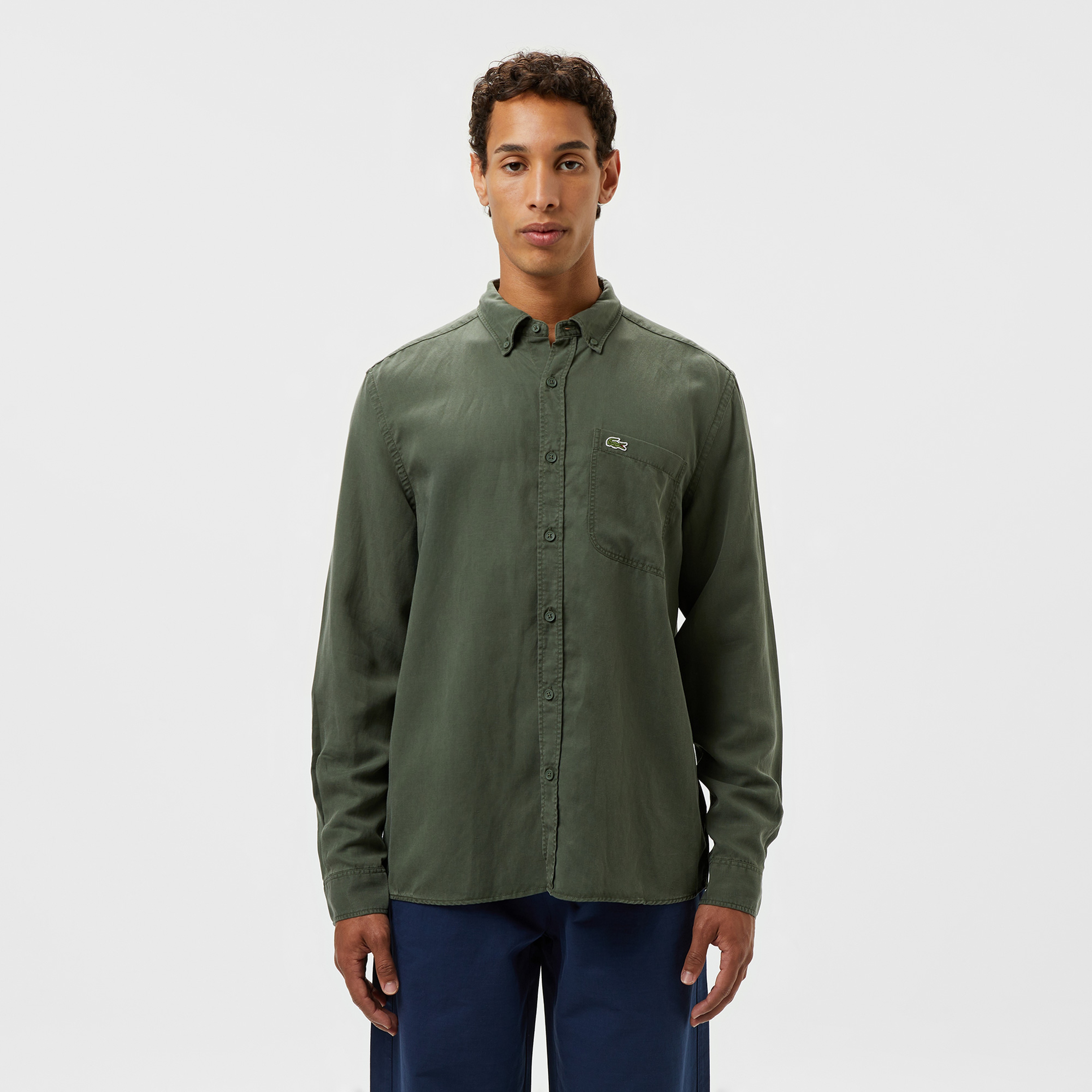 Erkek Slim Fit Düğmeli Yaka Haki Gömlek