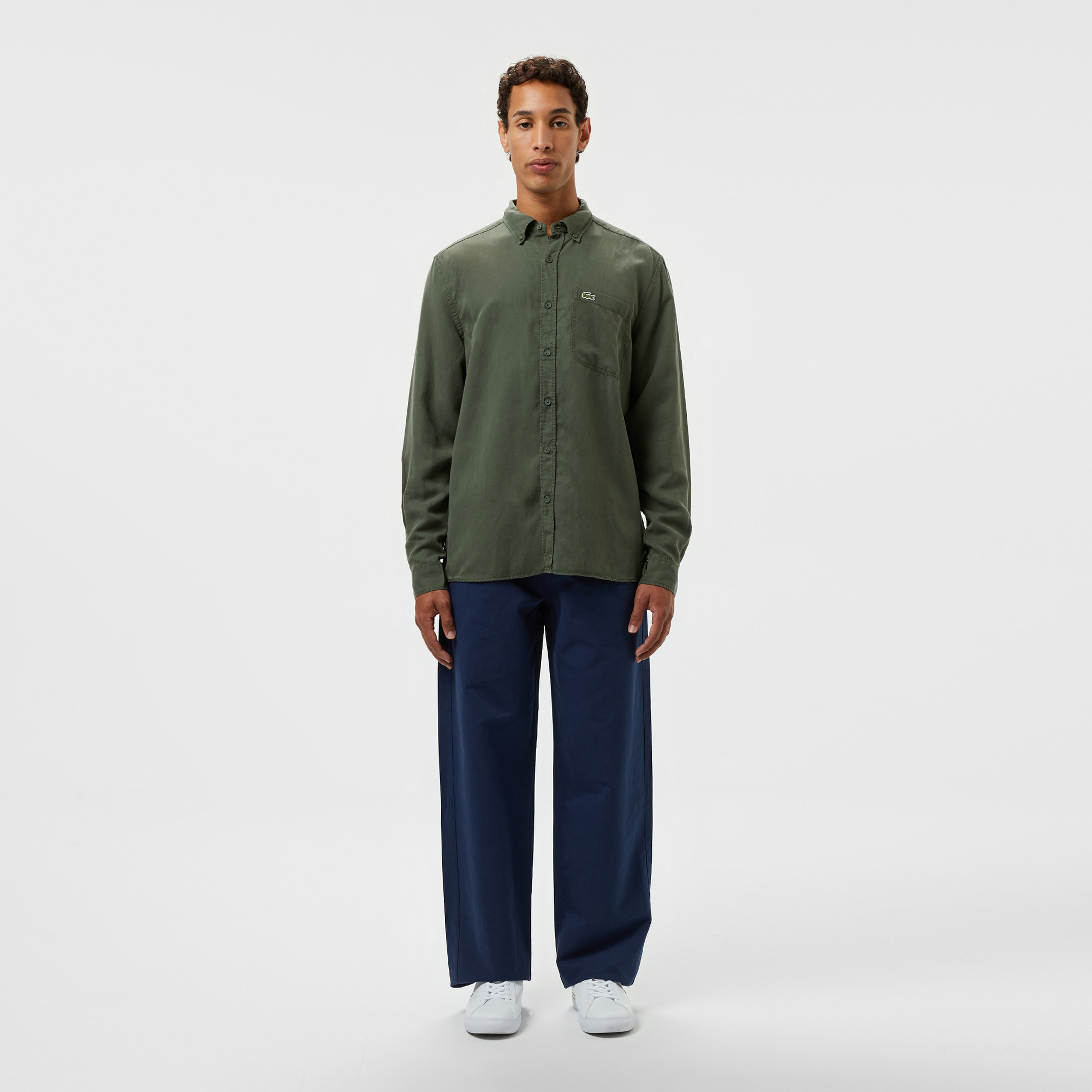 Erkek Slim Fit Düğmeli Yaka Haki Gömlek