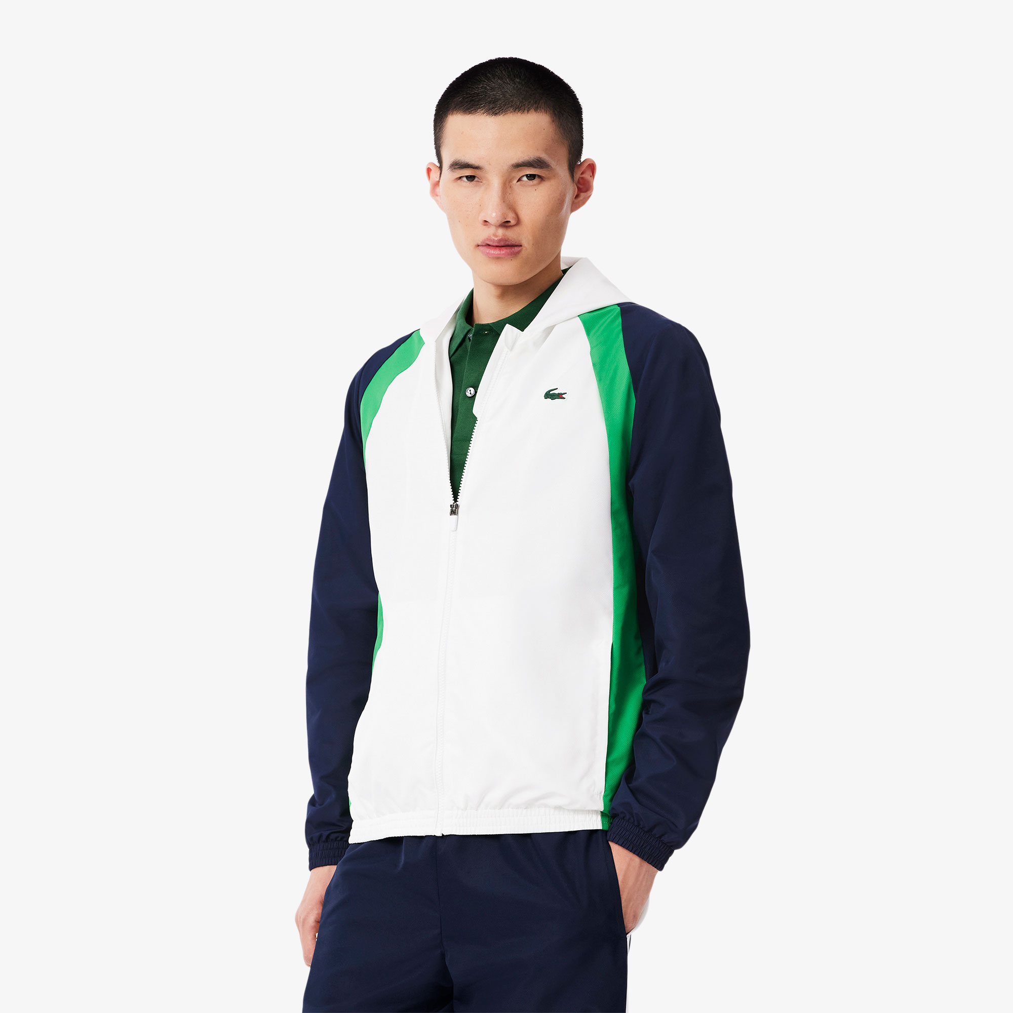 Erkek Regular Fit Kapüşonlu Renk Bloklu Beyaz Eşofman Takımı