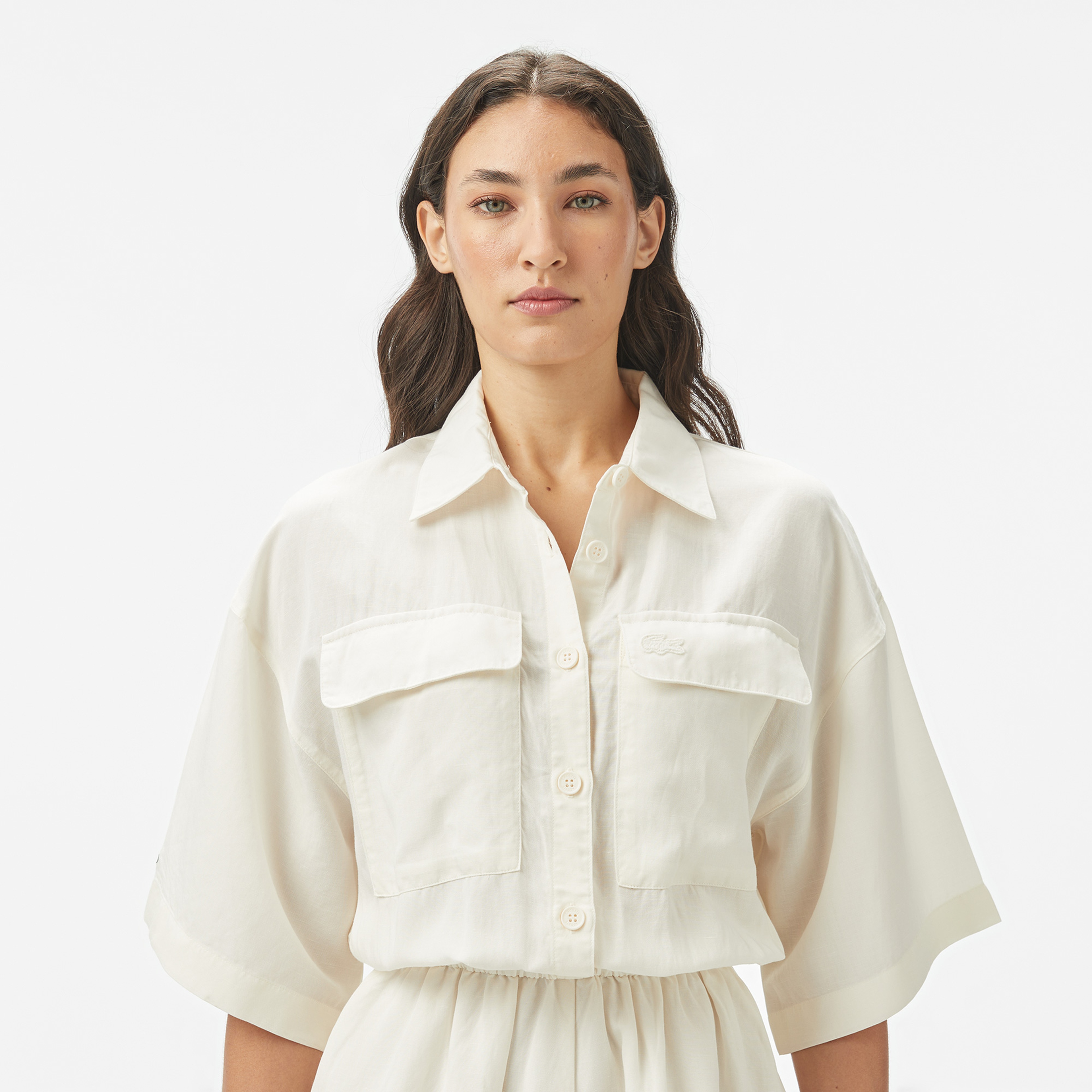 Kadın Flare Fit Kısa Kollu Gömlek Yaka Beyaz Elbise