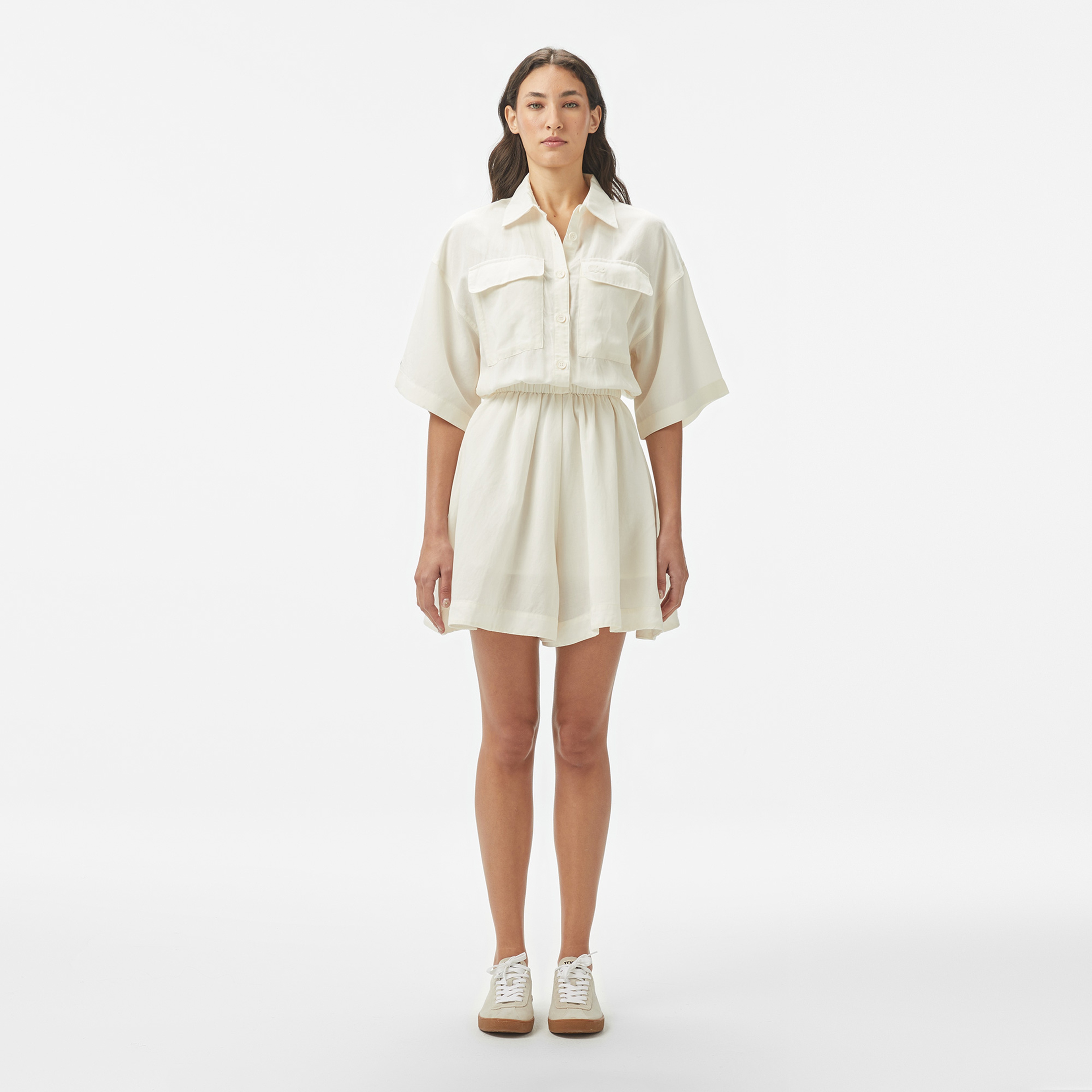 Kadın Flare Fit Kısa Kollu Gömlek Yaka Beyaz Elbise