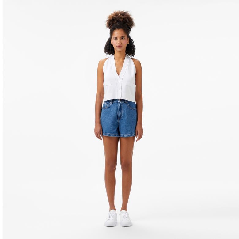 Kadın Kolsuz V Yaka Beyaz Triko