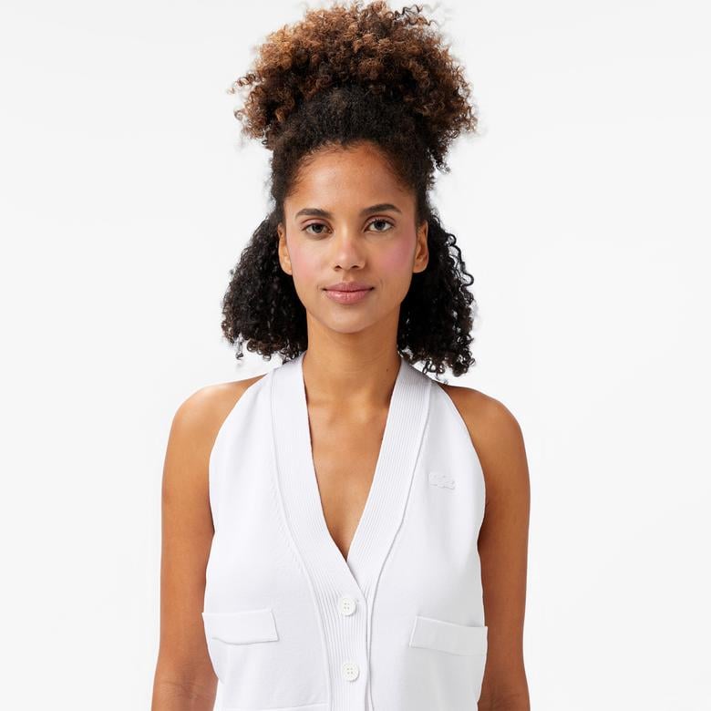 Kadın Kolsuz V Yaka Beyaz Triko