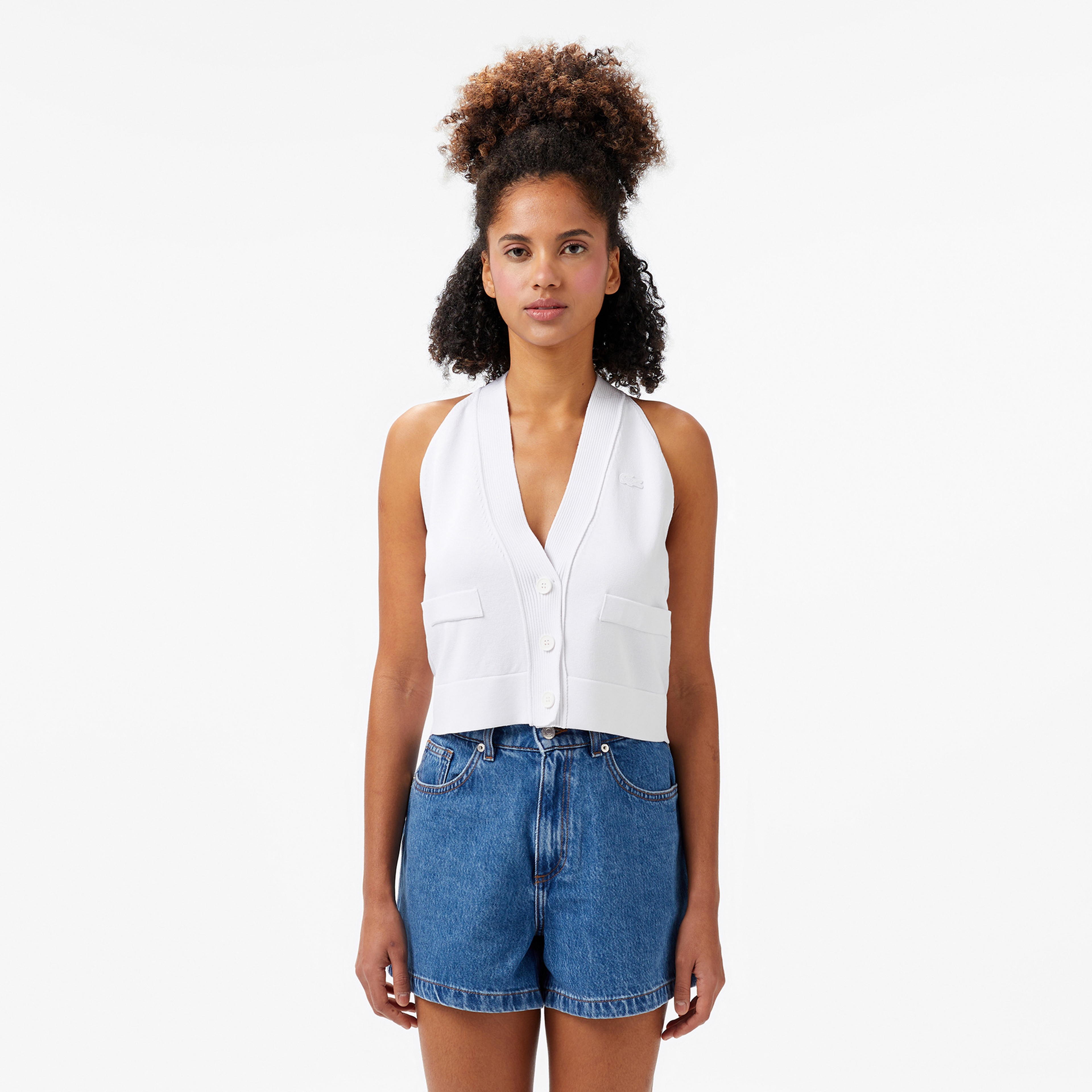 Kadın Kolsuz V Yaka Beyaz Triko