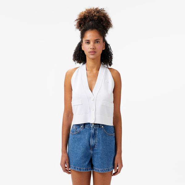 Kadın Kolsuz V Yaka Beyaz Triko