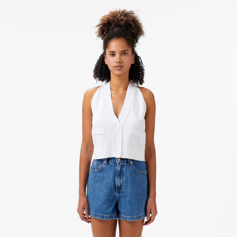 Kadın Kolsuz V Yaka Beyaz Triko