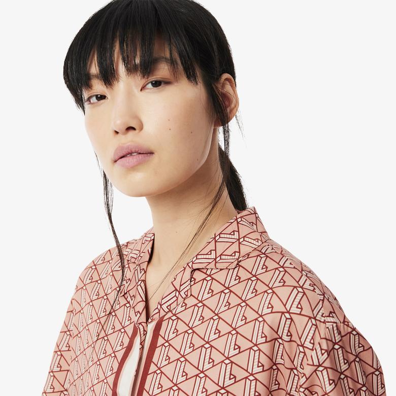 Kadın Oversize Fit Kısa Kollu Monogram Bej Gömlek