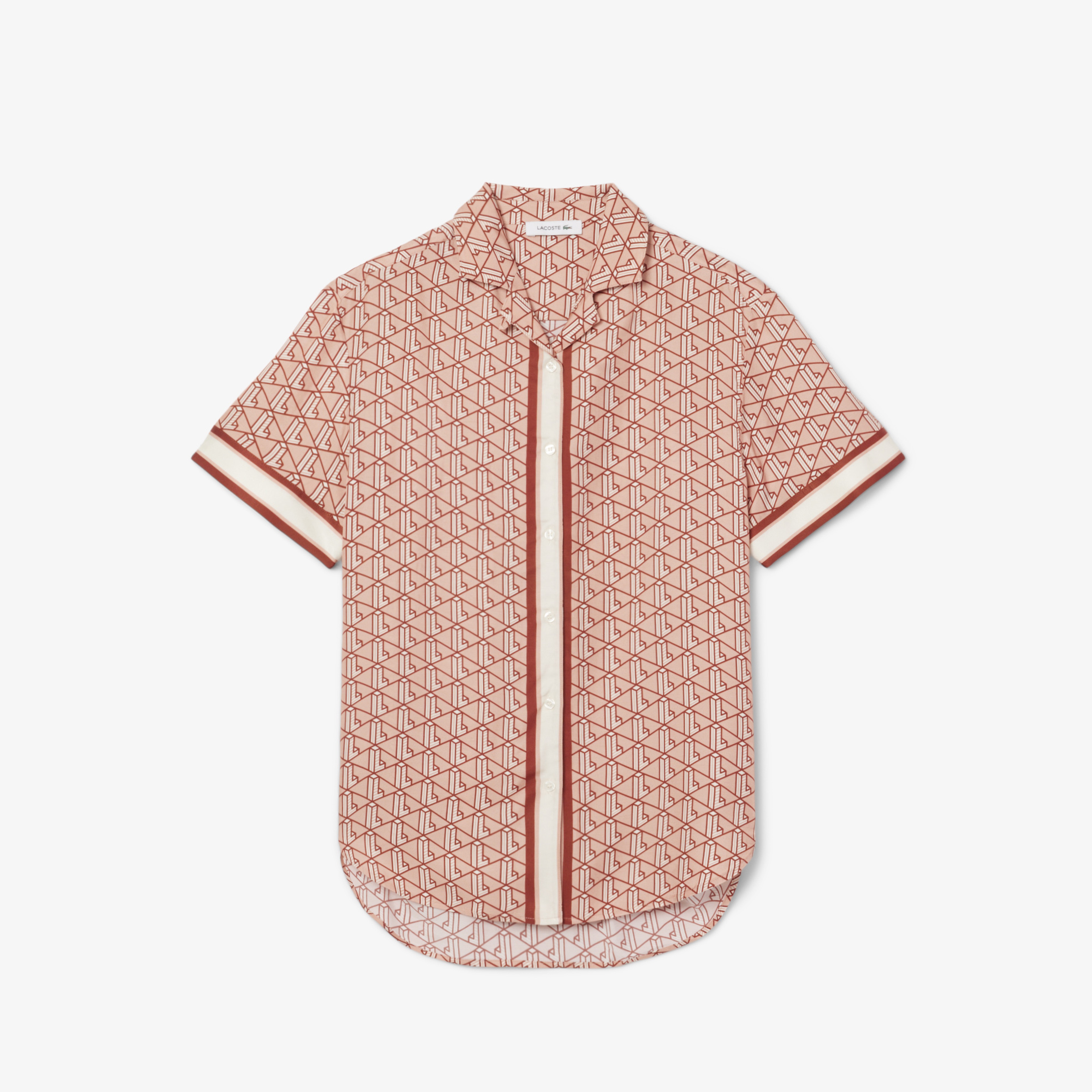 Kadın Oversize Fit Kısa Kollu Monogram Bej Gömlek