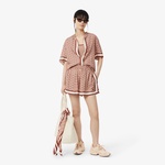 Kadın Oversize Fit Kısa Kollu Monogram Bej Gömlek