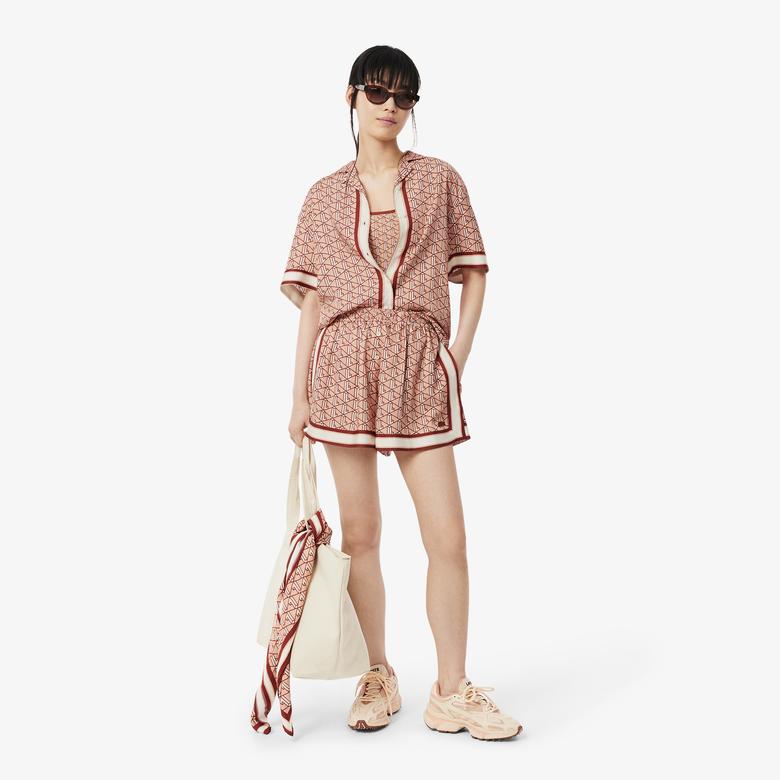 Kadın Oversize Fit Kısa Kollu Monogram Bej Gömlek