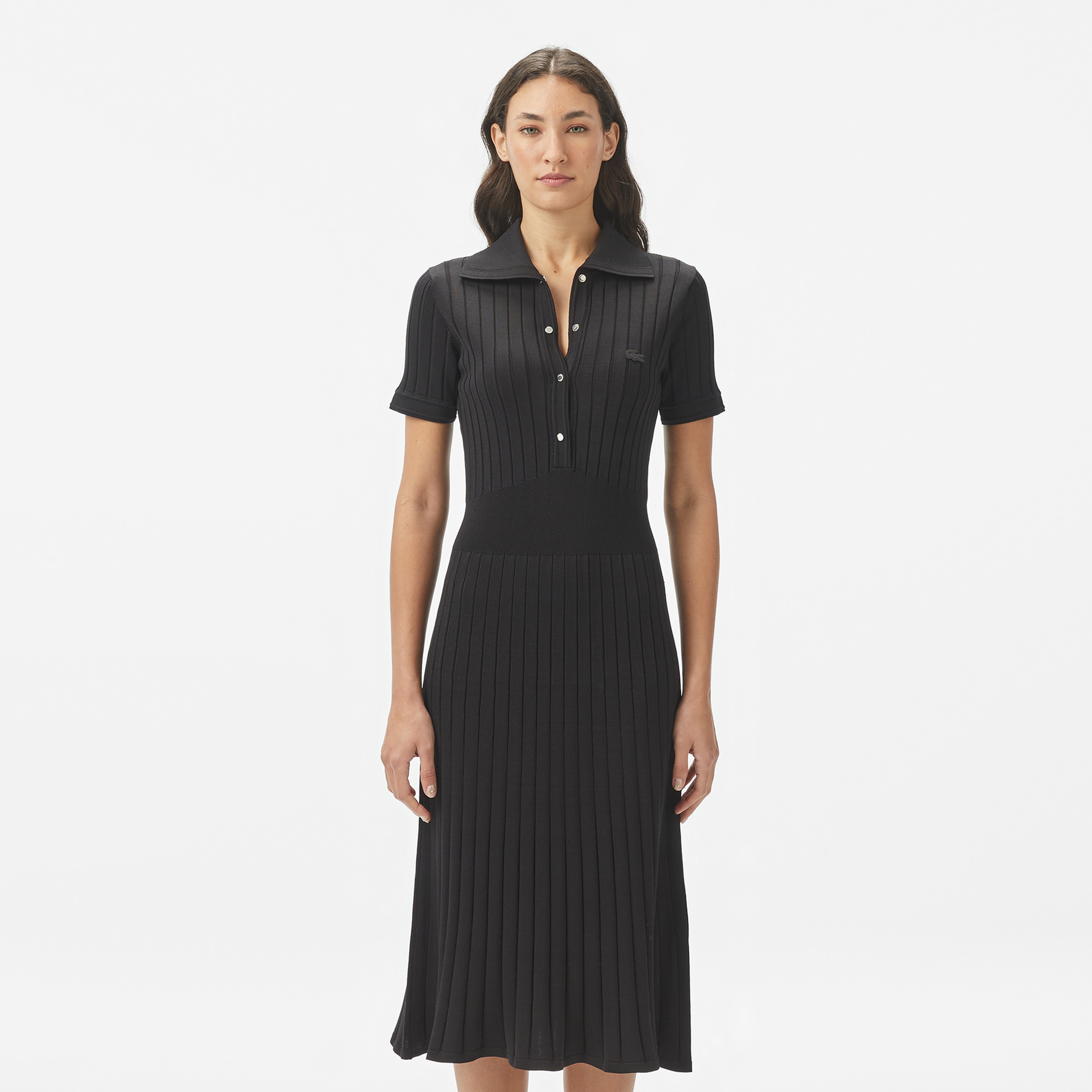 Kadın Flare Fit Kısa Kollu Polo Yaka Siyah Elbise