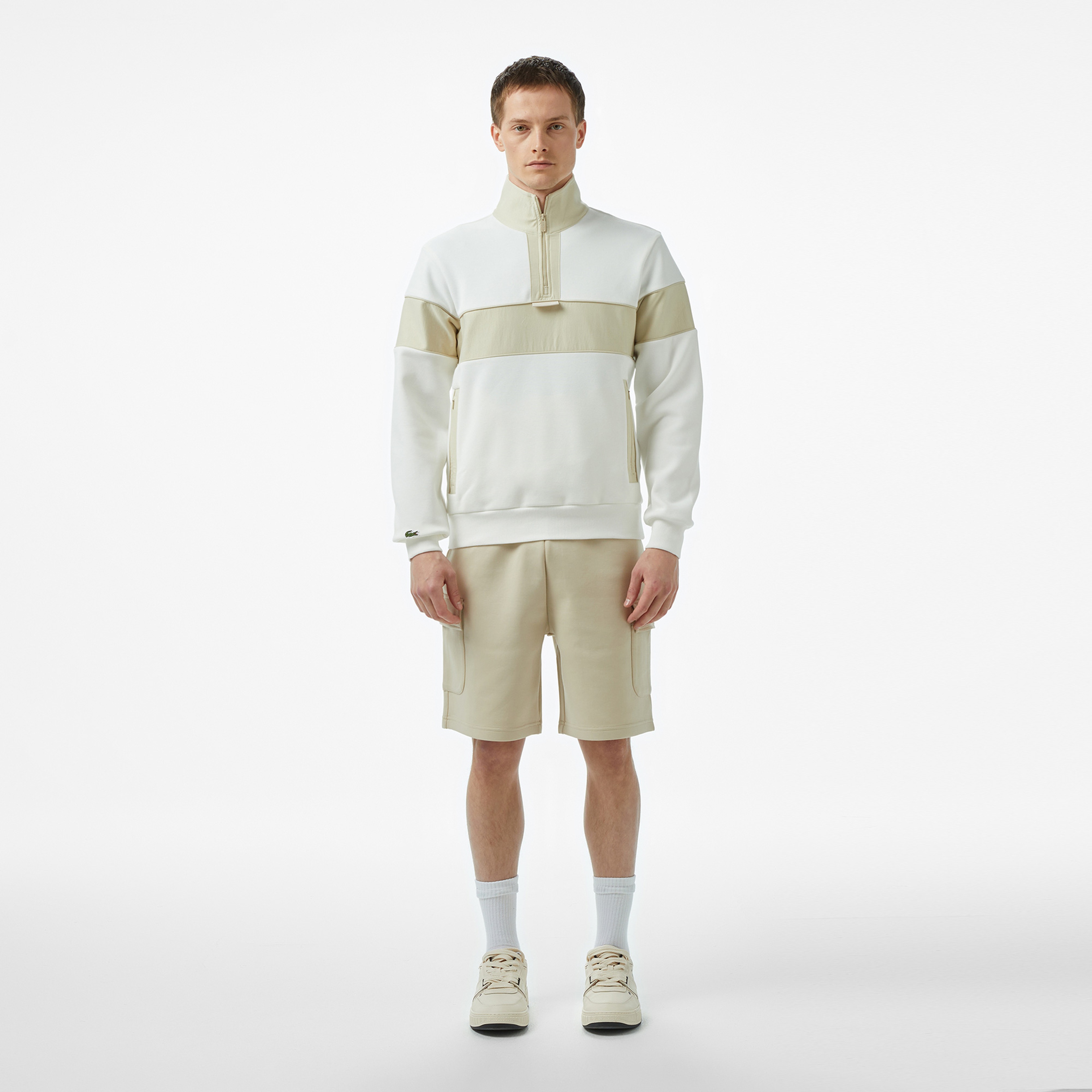 Erkek Classic Fit Yarım Fermuarlı Renk Bloklu Beyaz Sweatshirt