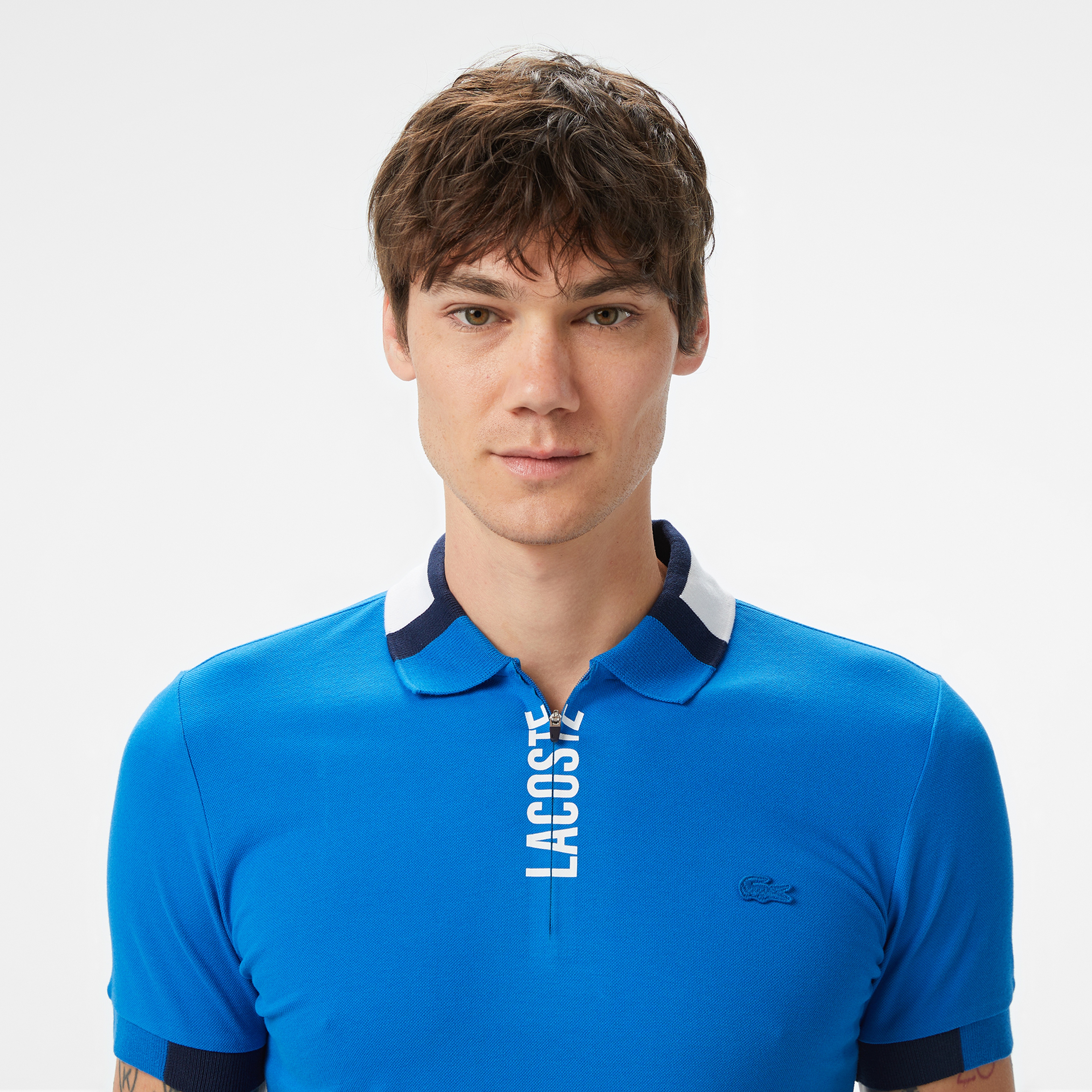 Erkek Regular Fit Yarım Fermuarlı Baskılı Mavi Polo