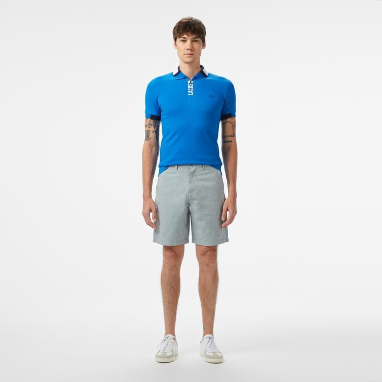 Erkek Regular Fit Yarım Fermuarlı Baskılı Mavi Polo
